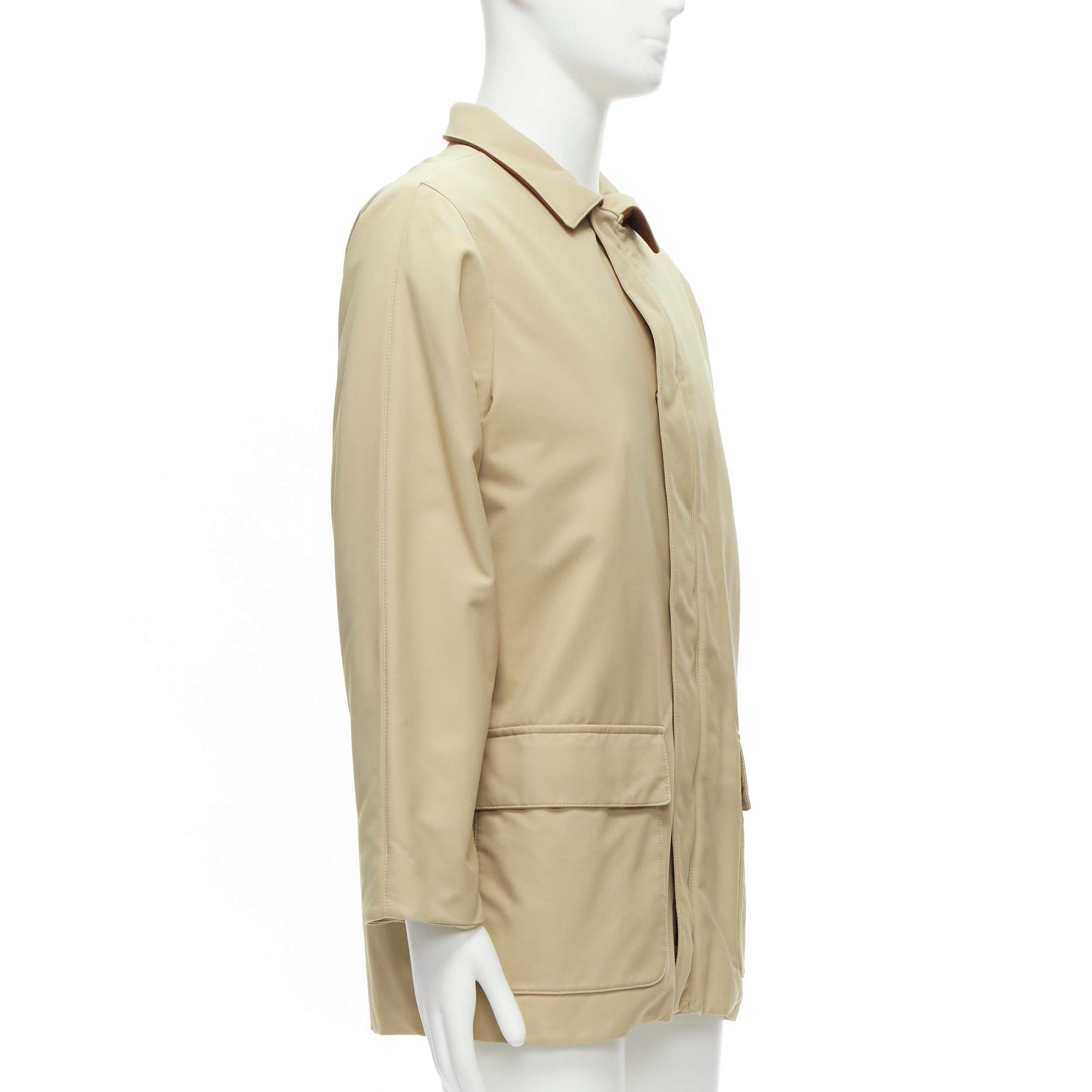 Men's LORO PIANA Storm System beige nylon minimal pocketed longline coat S For Sale
