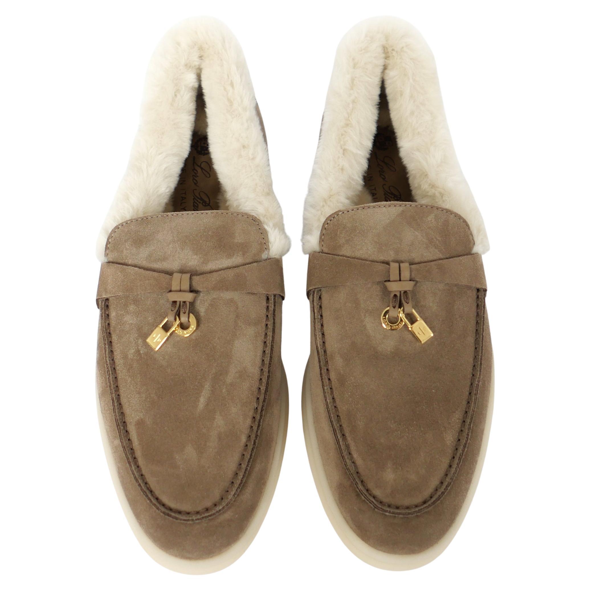 Loro Piana Summer Charms Walk Loafers Fur Lined Tundra Sandstone Suede