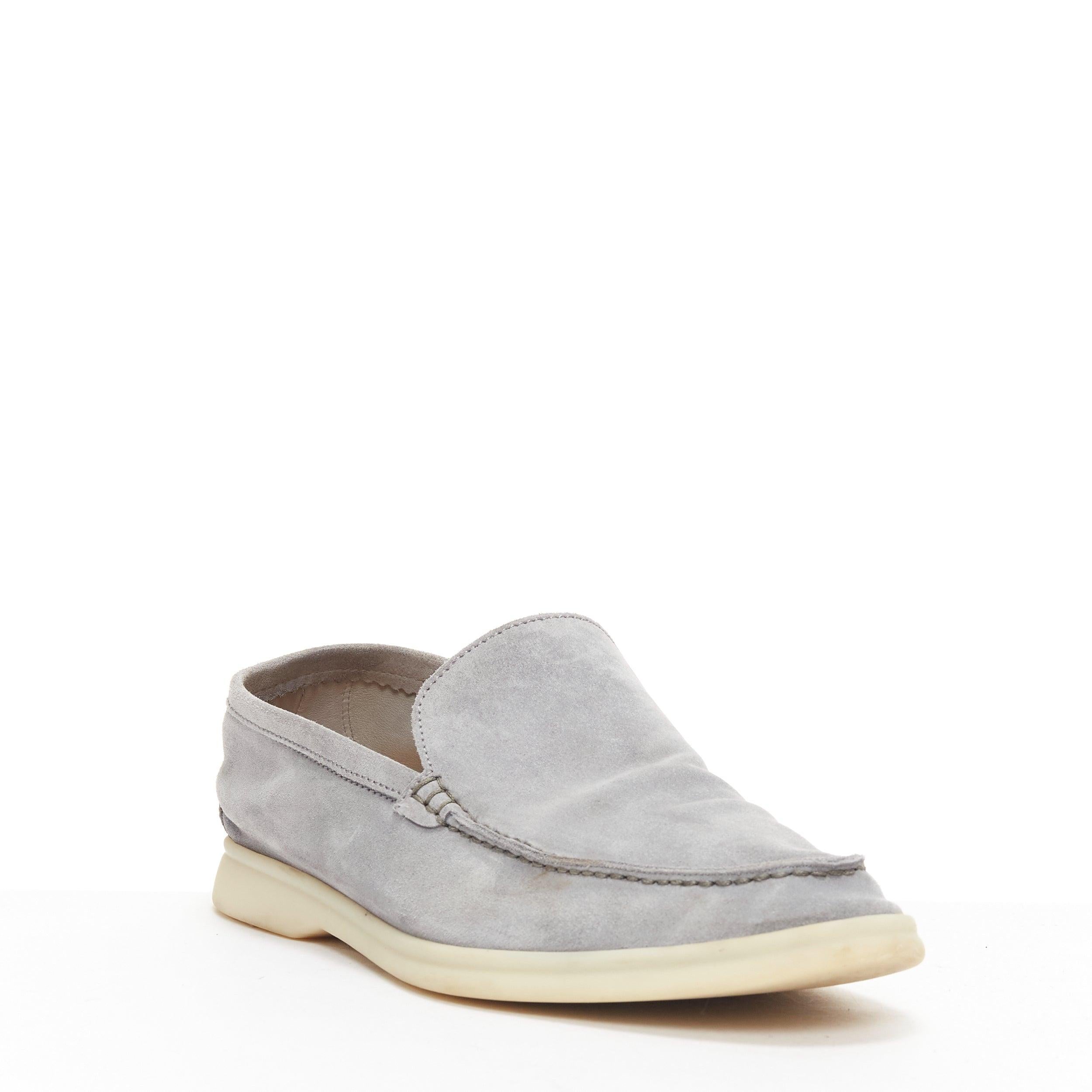 LORO PIANA Summer Walk grey suede cream rubber midsole loafers EU41
Reference: YIKK/A00035
Brand: Loro Piana
Model: Summer Walk
Material: Suede
Color: Grey, Cream
Pattern: Solid
Closure: Slip On
Lining: Nude Leather
Extra Details: Logo back.
Made
