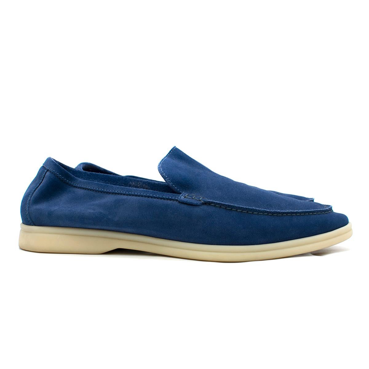 Loro Piana Summer Walk Suede Moccasin 

- Aegean blue unlined suede moccasin
- Slip-on style
- Lightweight, soft touch
- Water-repellent finish
- Nude leather lining with logo embroidered
- Light coloured latex sole
- Space on the heel for the