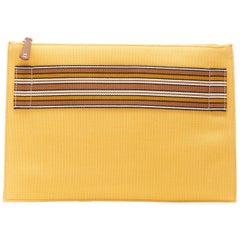 LORO PIANA sunshine yellow canvas brown stripe band leather zip pull pouch bag