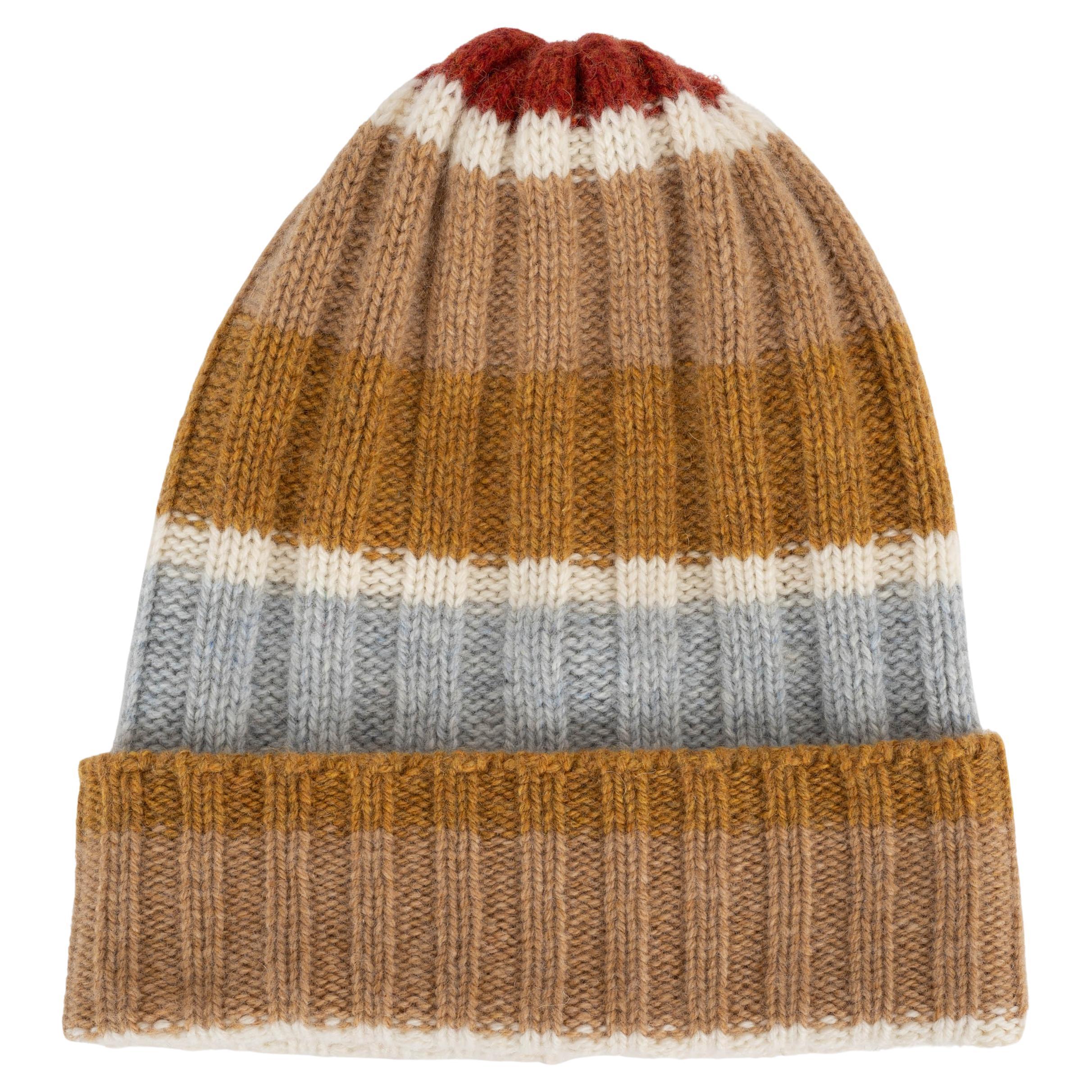 Loro Piana - Bonnet RIB-KNIT rayé en cachemire beige bleu tan