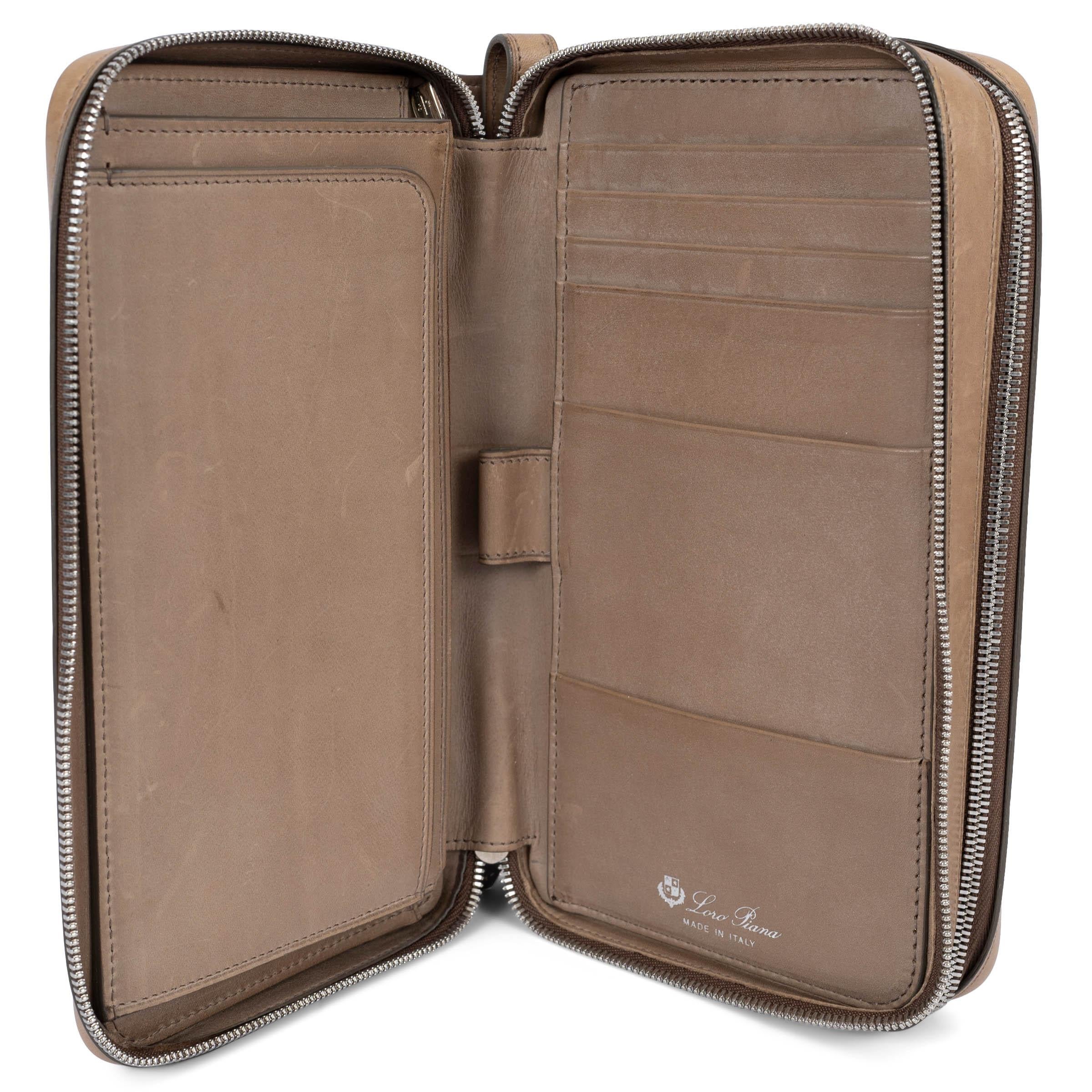 Women's LORO PIANA taupe leather CONTINENTAL ZIP-AROUND Wallet For Sale
