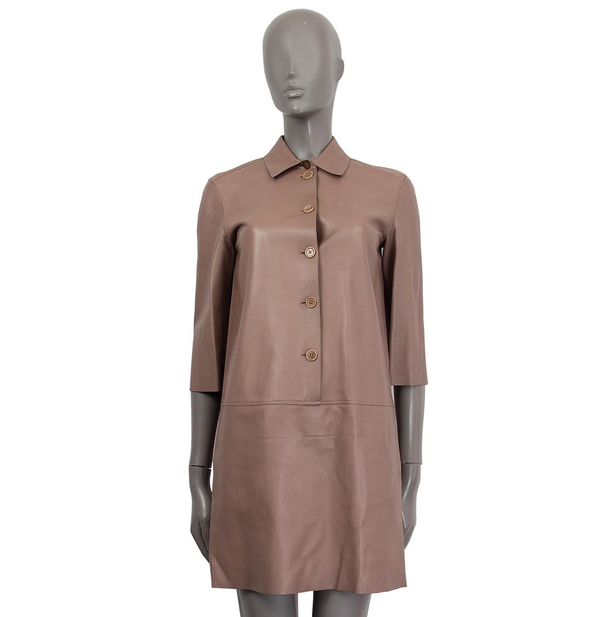 Brown LORO PIANA taupe leather SHORT SLEEVE SHIRT Dress 38 XS For Sale