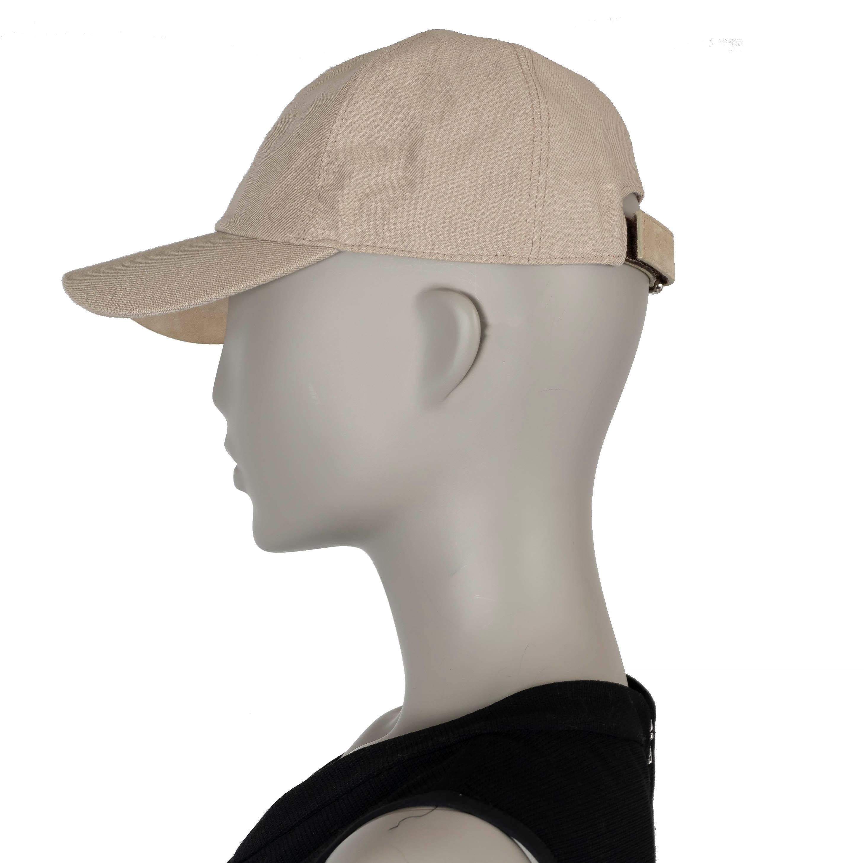 LORO PIANA taupe linen SUEDE TRIM BASEBALL CAP Hat S In Excellent Condition For Sale In Zürich, CH