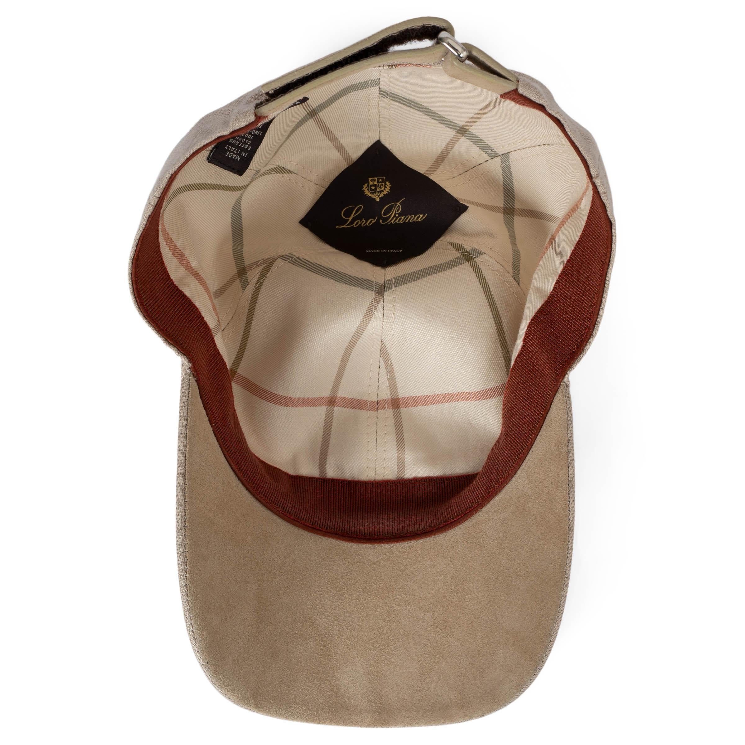 LORO PIANA taupe linen SUEDE TRIM BASEBALL CAP Hat S For Sale 2