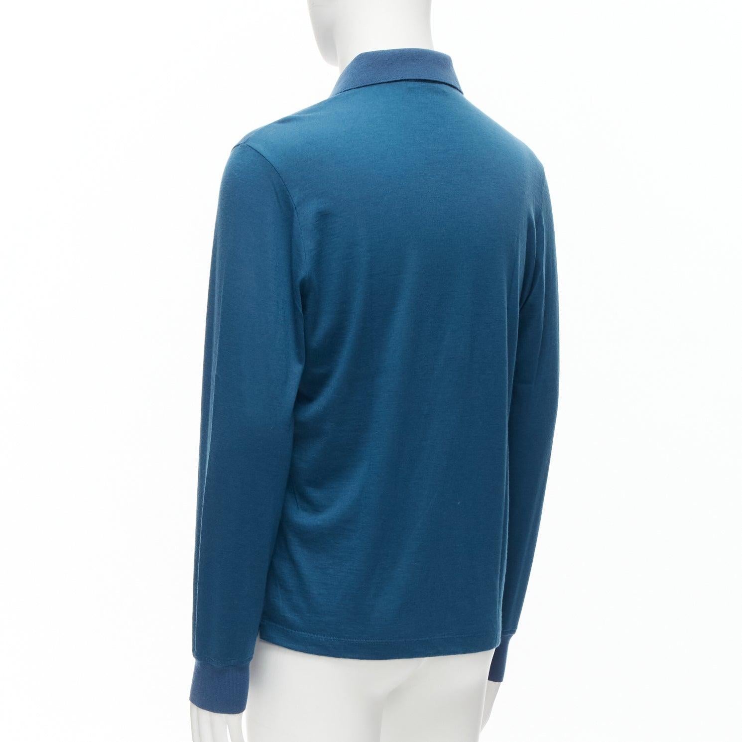 LORO PIANA teal blue 100% cashmere stitch button detail long sleeve polo shirt M For Sale 1