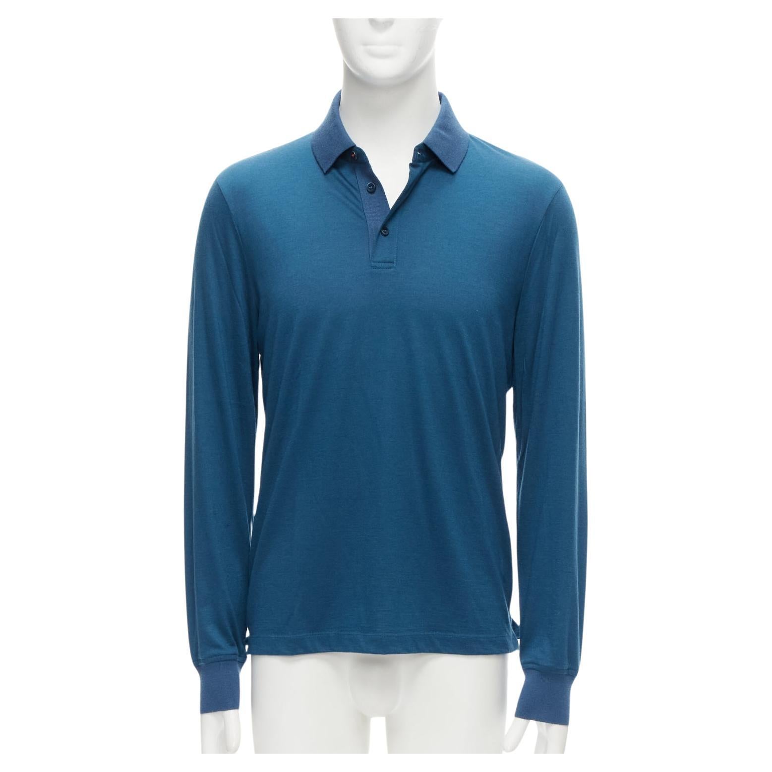 LORO PIANA teal blue 100% cashmere stitch button detail long sleeve polo shirt M For Sale