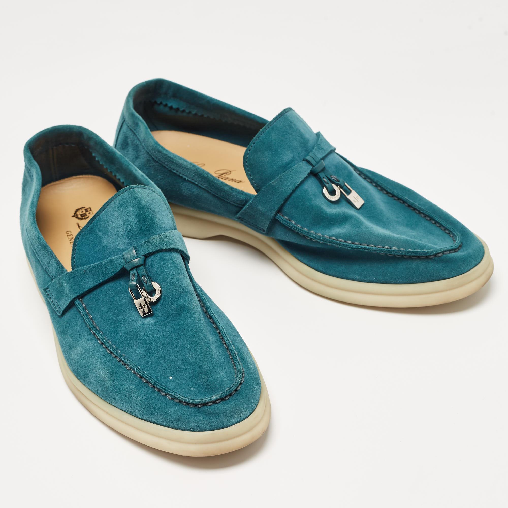 Loro Piana Teal Suede Summer Charms Walk Loafers Size 38 2