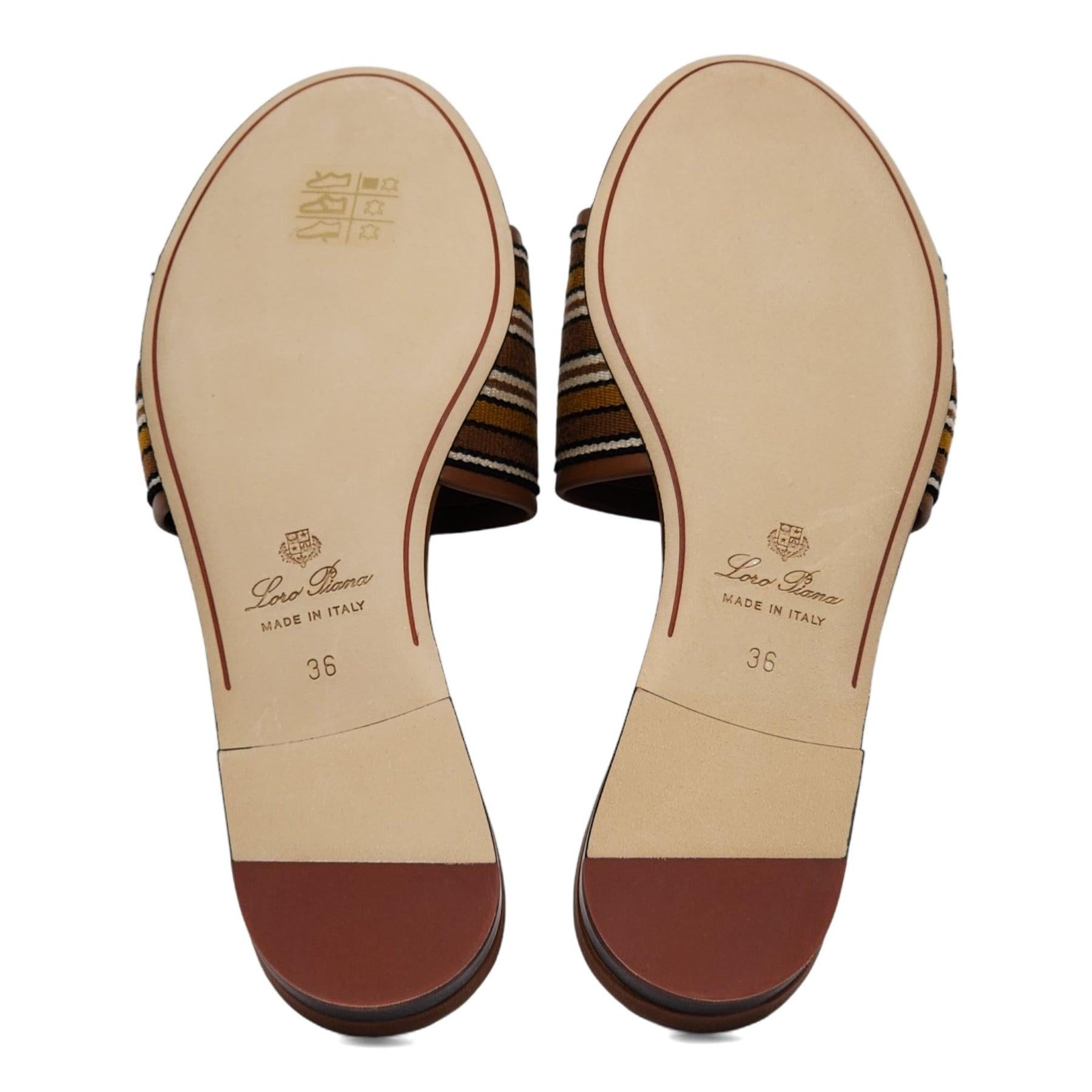 Women's Loro Piana The Suitcase Stripe Flat Sandals in Brown For Sale