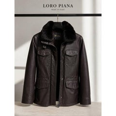 Loro Piana Vintage-Lederjacke in Braun mit Pelzkragen, Größe 42