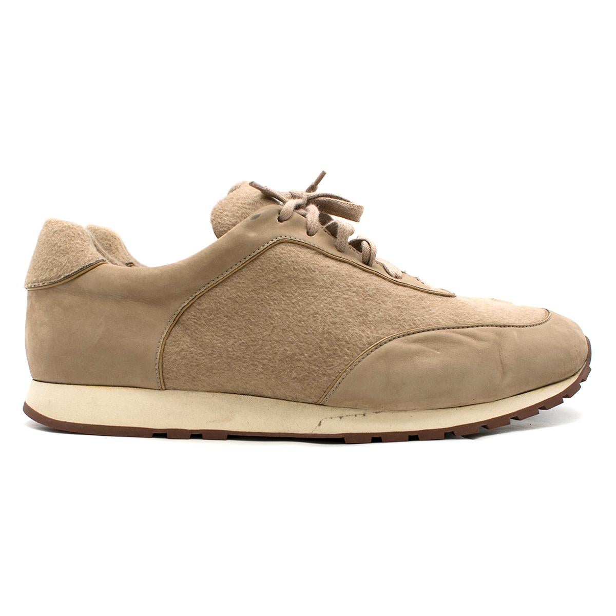Loro Piana Weekend Walk Cashmere-felt Sneakers

- Tan sneakers
- Nubuck and cashmere-felt contrast fabrics
- Front lace up
- Sole in microporous material with a light rubber tread featuring the Loro Piana initials for a non-slip finish
- Brown