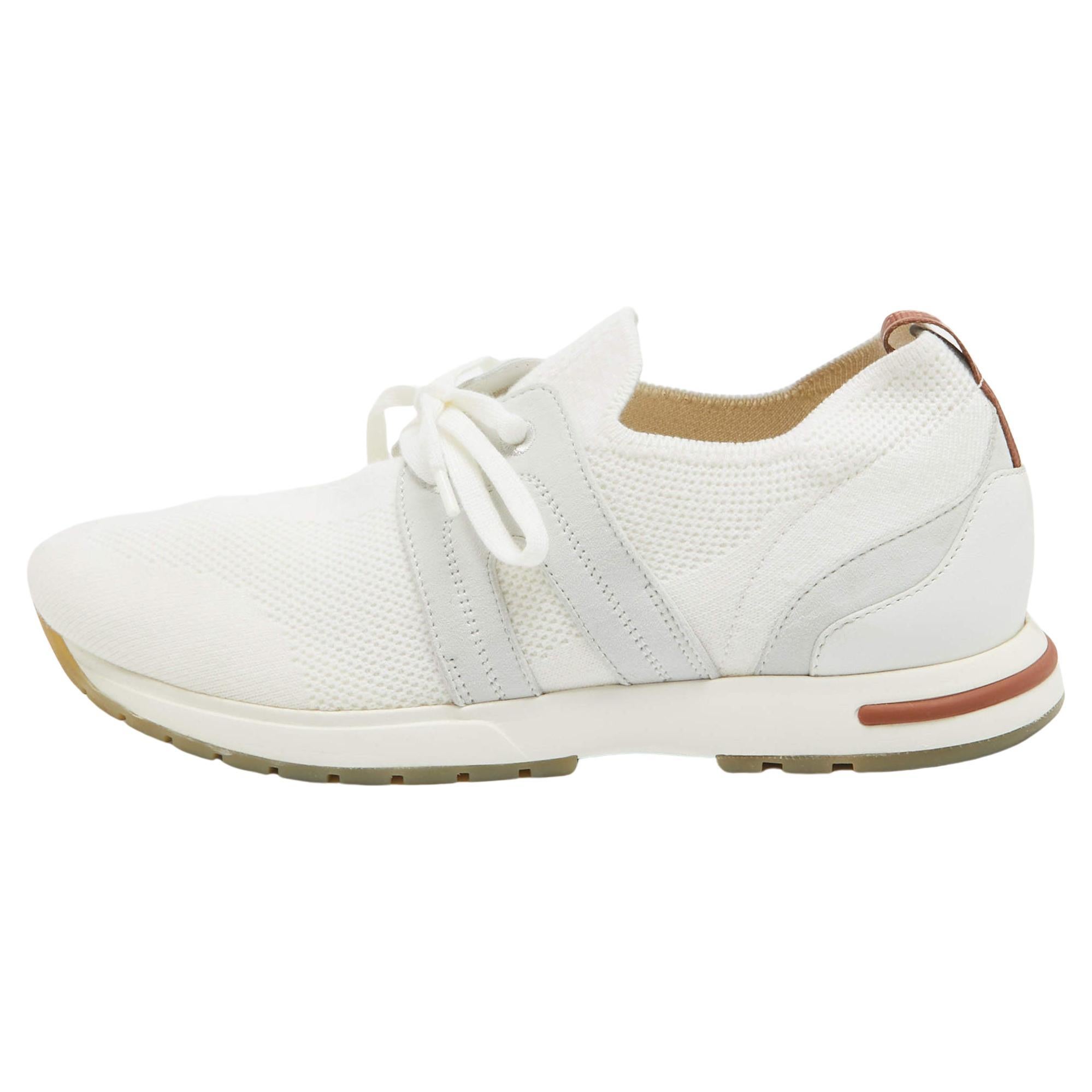 Loro Piana White/Grey Knit Fabric 360 Flexy Walker Sneakers Size 38.5