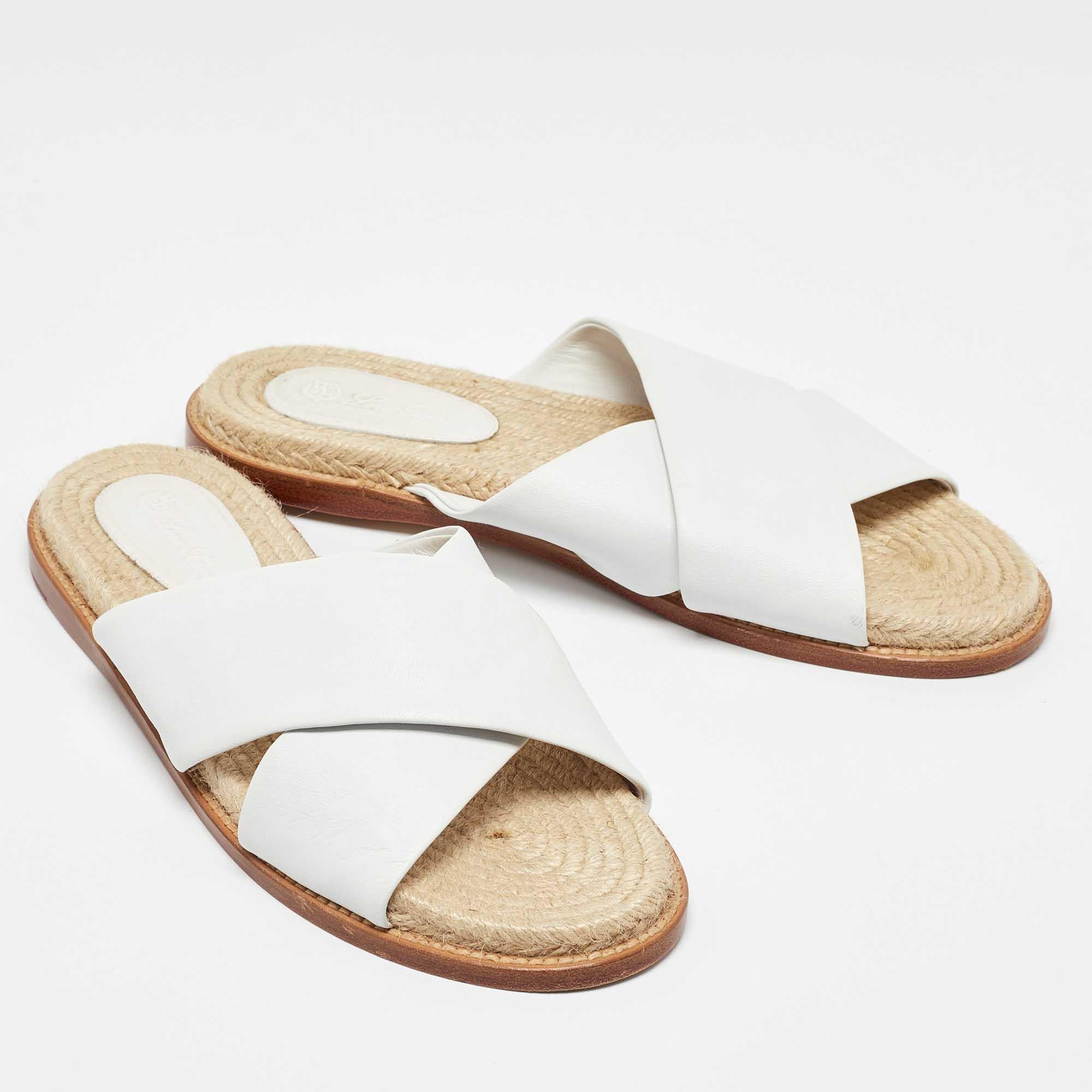 Women's Loro Piana White Leather Cross Strap Espadrille Flats Size 40 For Sale