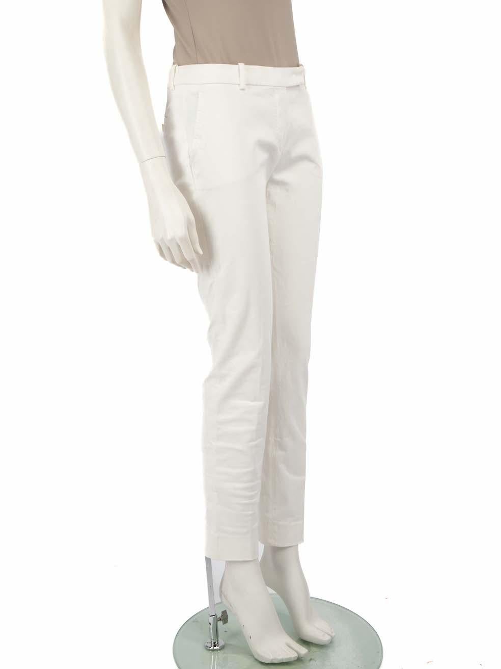 CONDITION is Very good. Hardly any visible wear to trousers is evident on this used Loro Piana designer resale item.
 
 
 
 Details
 
 
 White
 
 Cotton
 
 Trousers
 
 Skinny fit
 
 Mid rise
 
 2x Side pockets
 
 Fly zip, hook and button fastening
