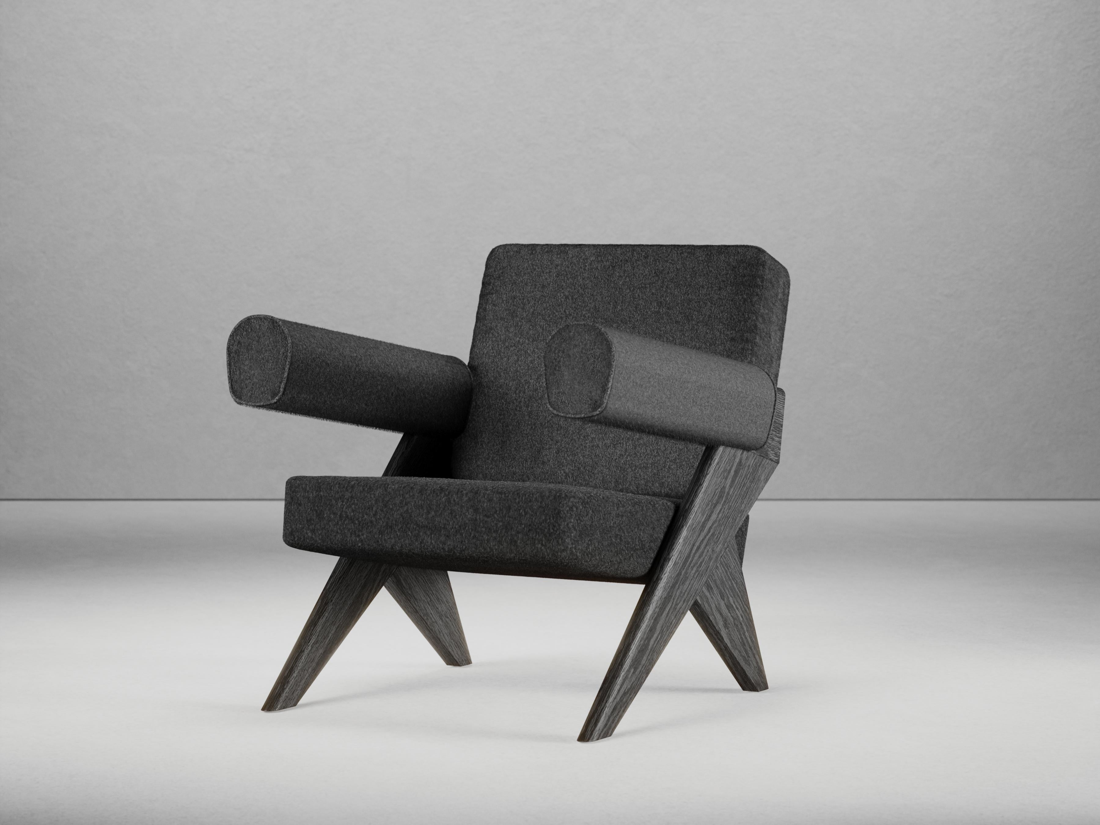 Loro Piana Wool Souvenir Armchair by Gio Pagani
Dimensions: D 77 x W 69 x H 75 cm. SH: 38 cm.
Materials: Black elm wood and Loro Piana wool.

In a fluid society capable of mixing infinite social and cultural varieties, the nostalgic search for