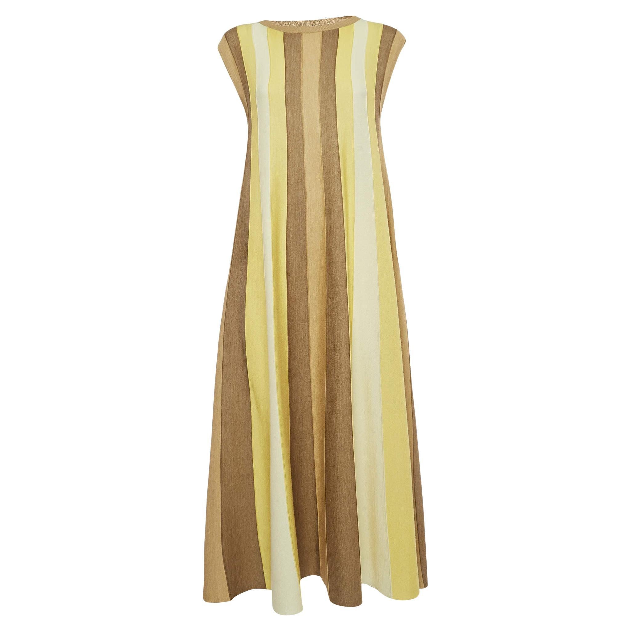 Loro Piana Yellow Stripe Cashmere Knit Sleeveless Flared Maxi Dress S For Sale