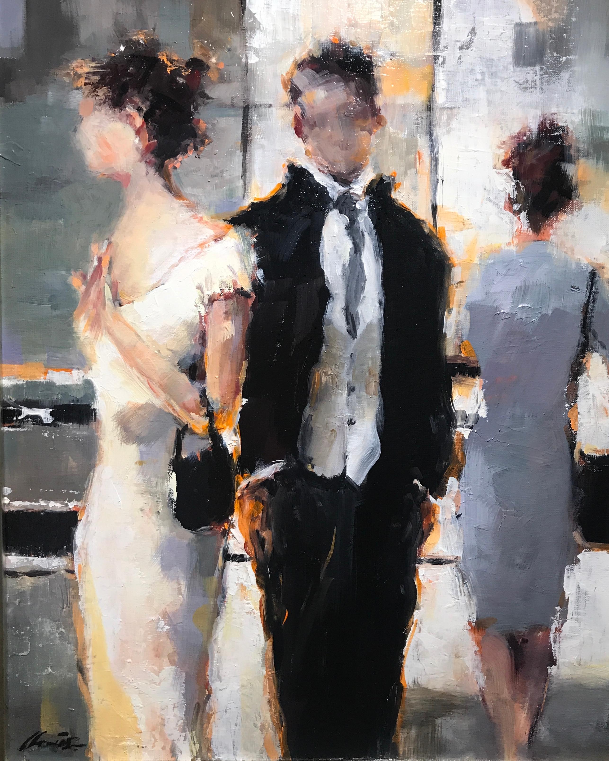 'Can't Let Go' is a medium size framed Impressionist oil on canvas figurative painting created by Irish artist Lorraine Christie in 2019. Featuring a palette made of black, white, grey and cream tones accented with warm orange touches, this vertical