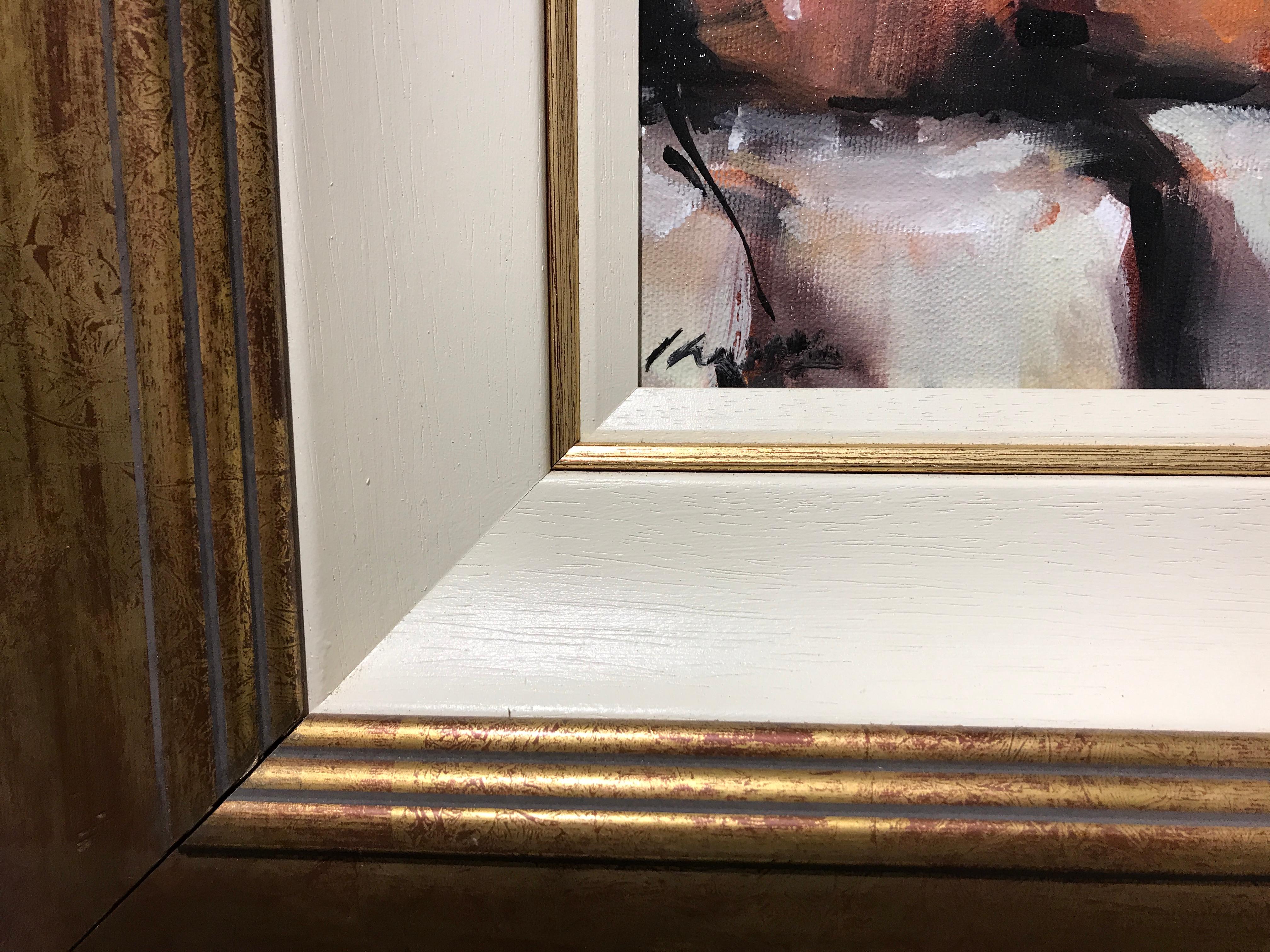 'Here for a Day' is a small framed Impressionist oil on canvas still-life painting created by American artist Lorraine Christie in 2019. Featuring a warm palette mostly made of brown, pink, orange, yellow white and black tones, the painting is a