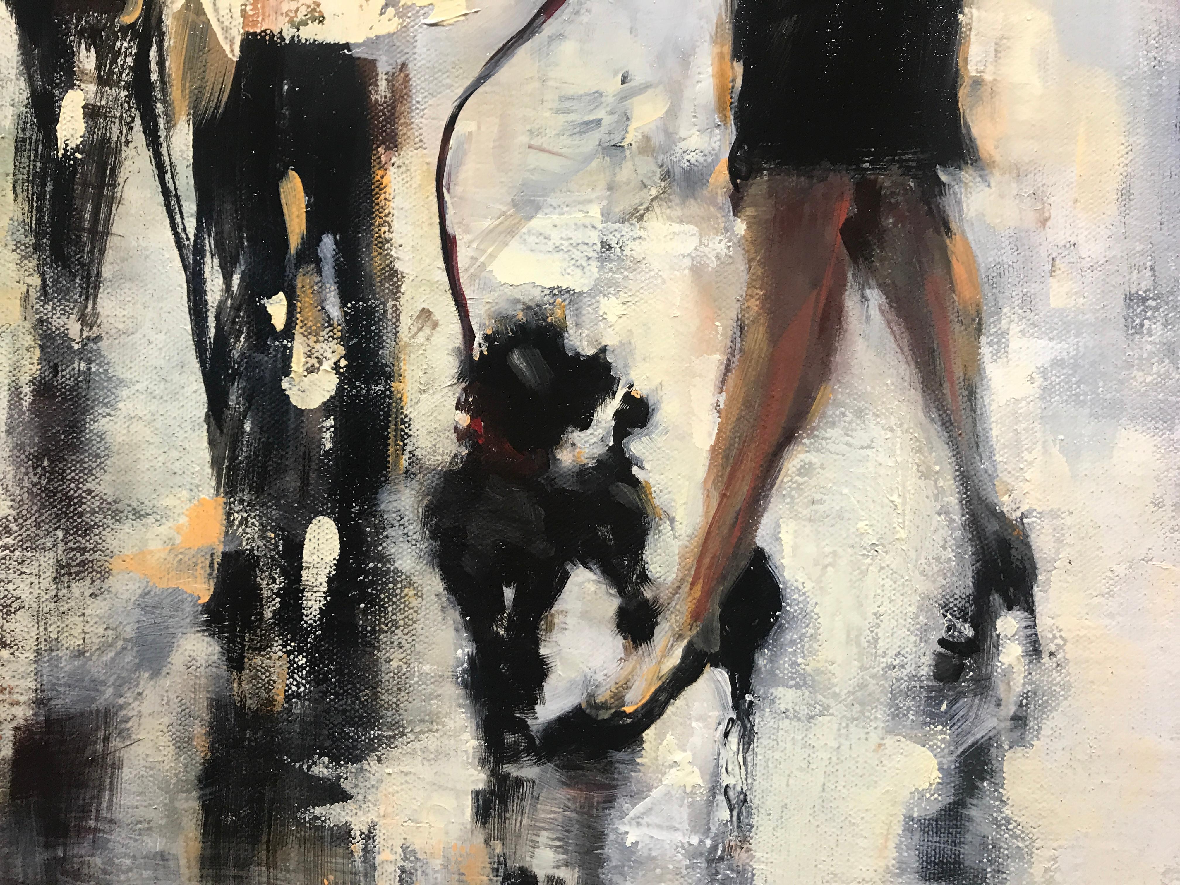 'So Many Questions' is a medium size Impressionist figurative oil on canvas painting of square format created by Irish artist Lorraine Christie in 2019. Featuring a palette made of black, grey and soft yellow tones accented with touches of orange,