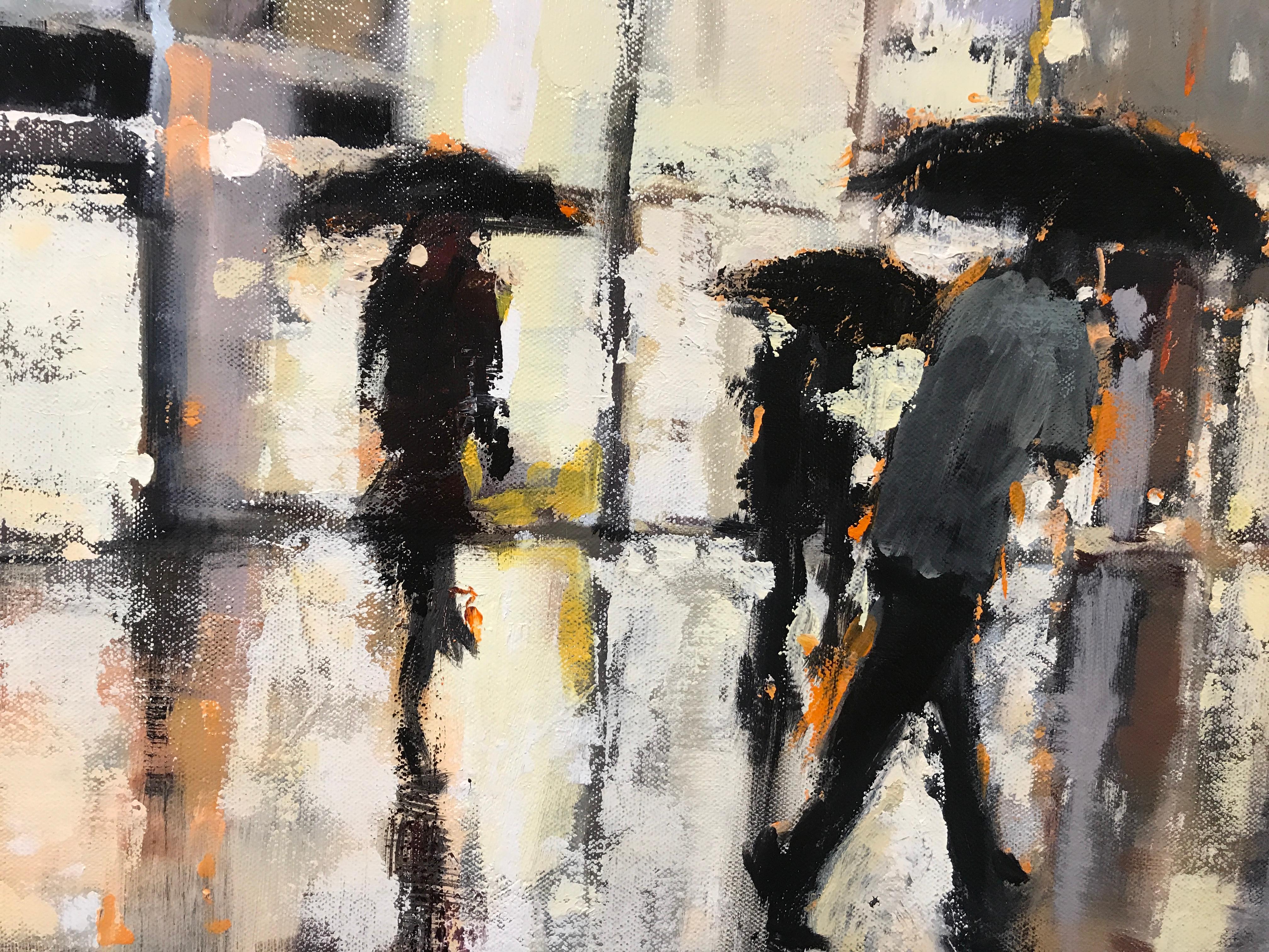 'Suspended in Time' is a framed horizontal oil on canvas Impressionist painting created by Irish artist Lorraine Christie in 2018. Featuring a muted palette made of beige and black tones highlighted by bold orange accents, the painting depicts an