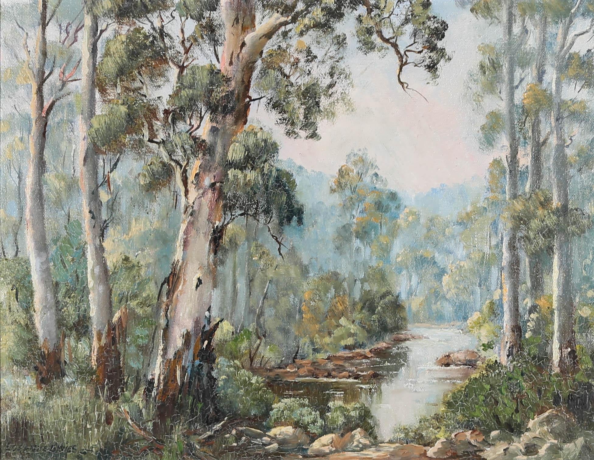 A fine oil depiction of the McKenzie River in Australia. The artist has signed to the lower left corner and the painting has been presented in a contemporary gilt effect frame with linen slip. On canvas board.







