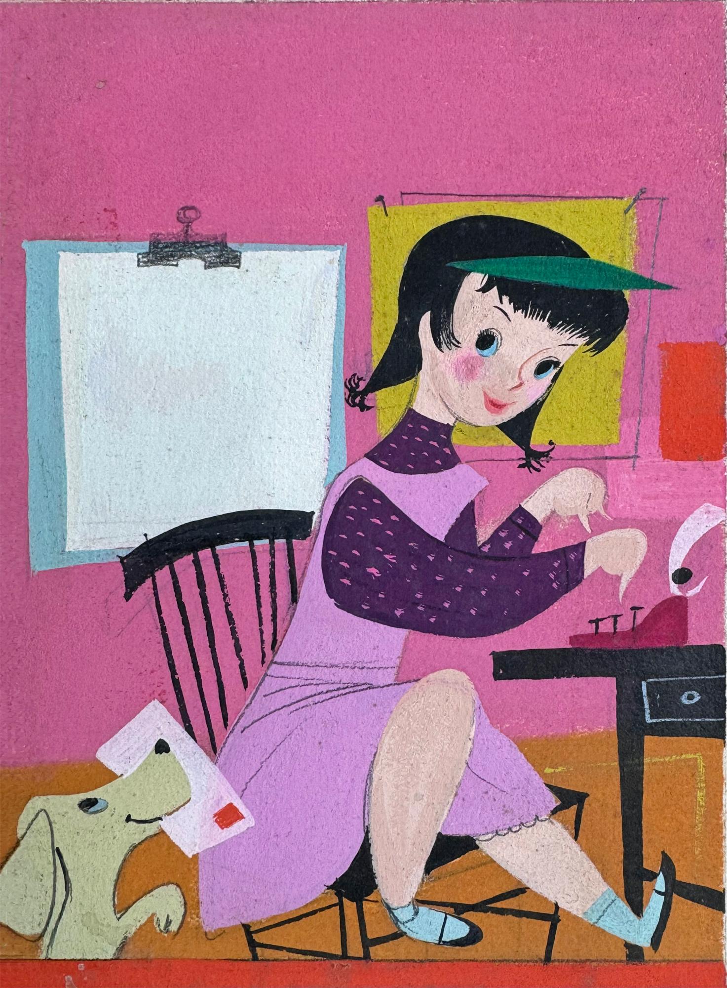 Redattore e dattilografo  - Illustrazione di rivista femminile di metà secolo Arte naif - Painting di Lorraine Fox