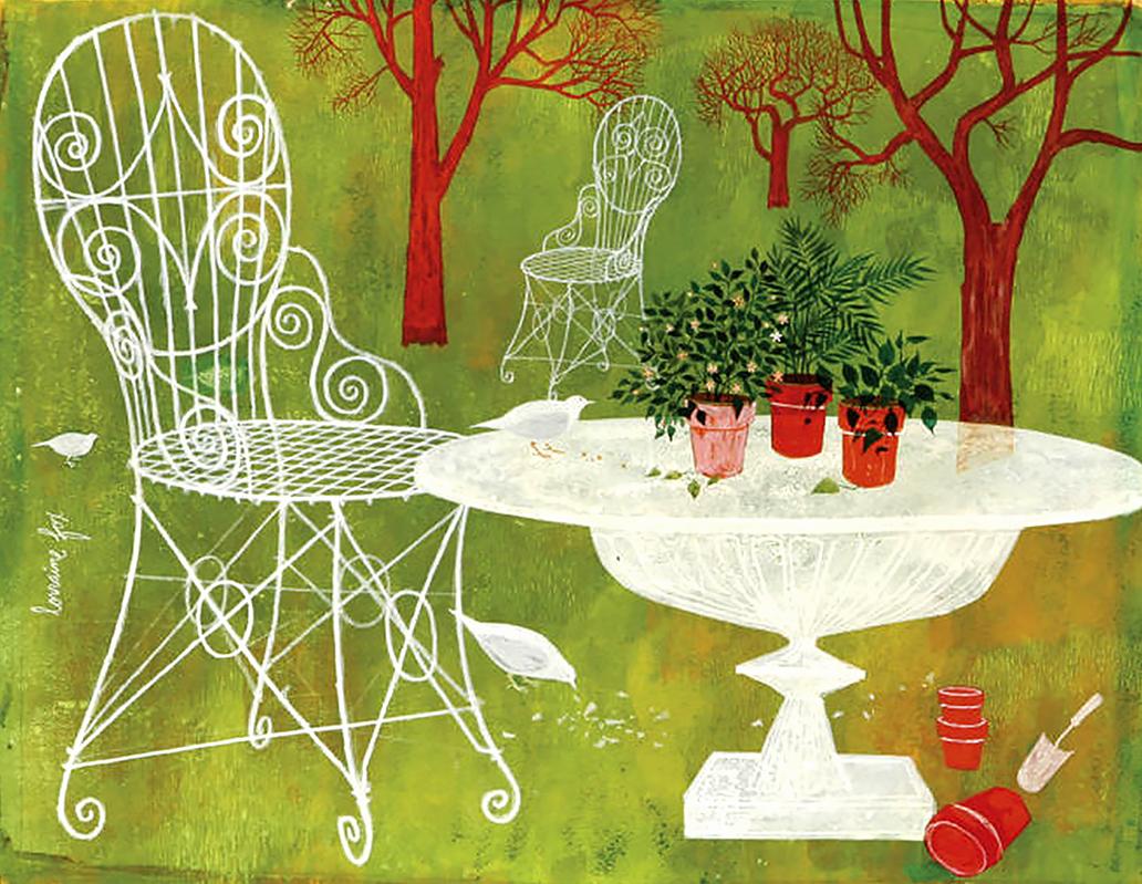 Lorraine Fox Still-Life Painting - Garden Scene with red trees - Women Illustrators