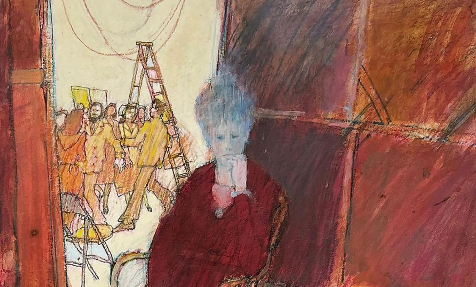 Donna introspettiva / Attrice sul set cinematografico. Arte di metà secolo, Illustratrice donna in vendita 1