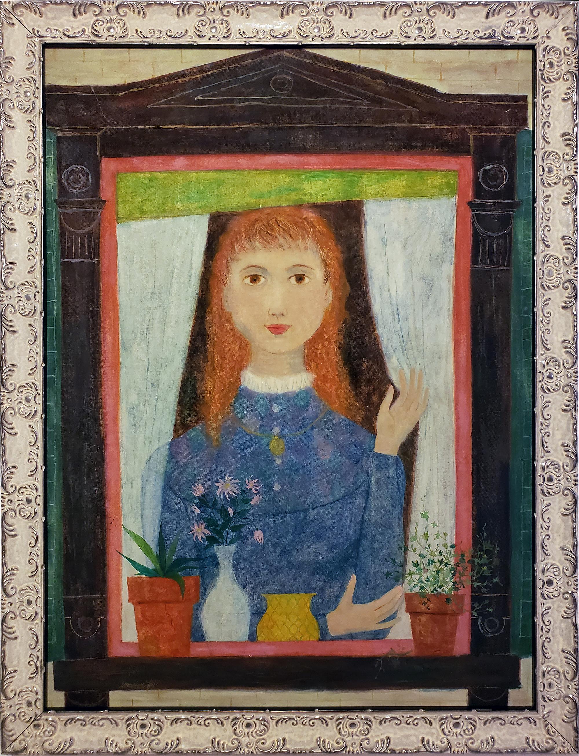 Lorraine Fox Figurative Painting - Redhead Girl in Window with Flower Pots, 