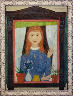 Redhead Girl in Window with Flower Pots - Woman Illustrator
