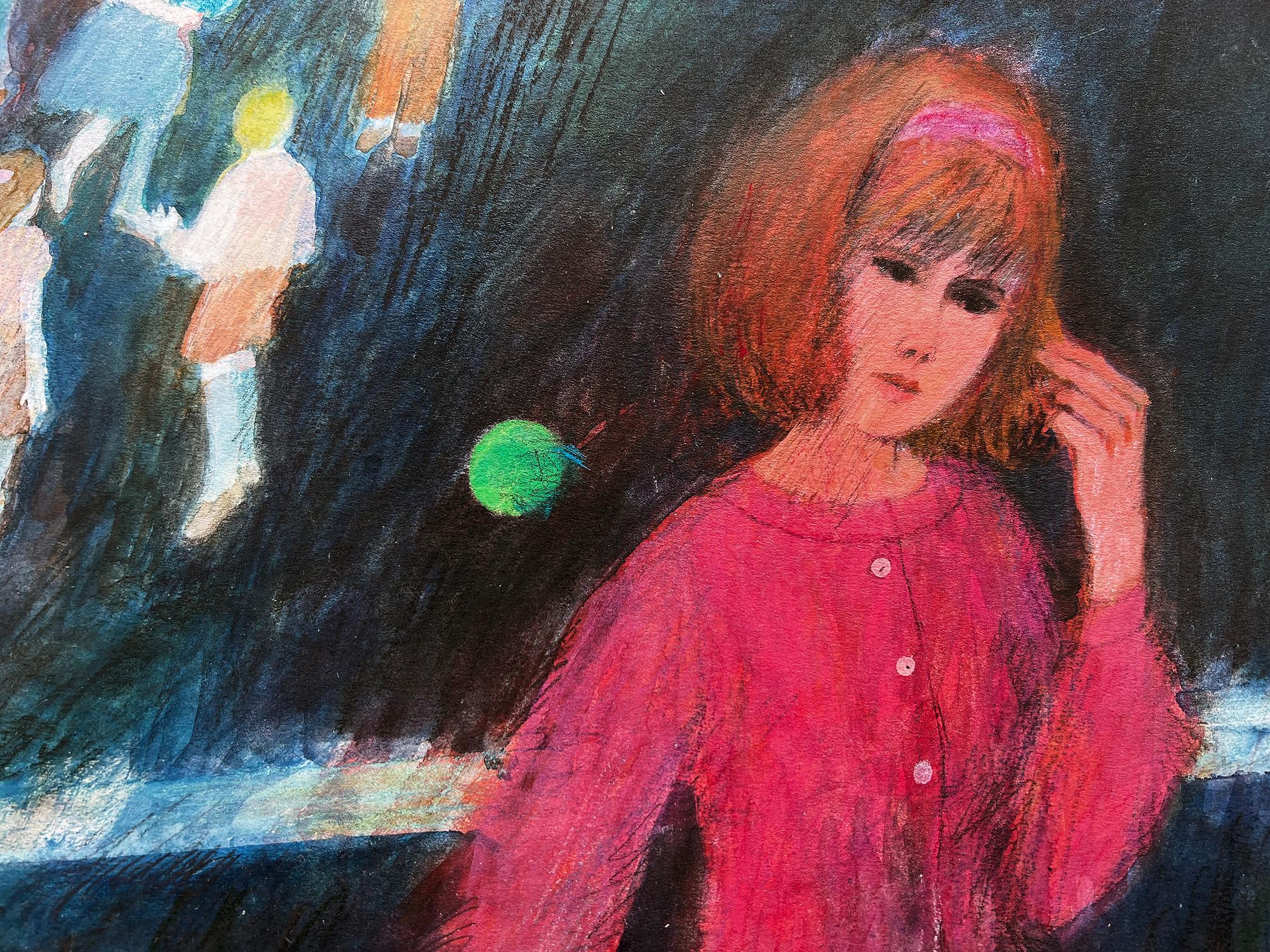 Giovane ragazza in abito rosso persa nei suoi pensieri, illustrazione di rivista femminile di metà secolo - Painting di Lorraine Fox