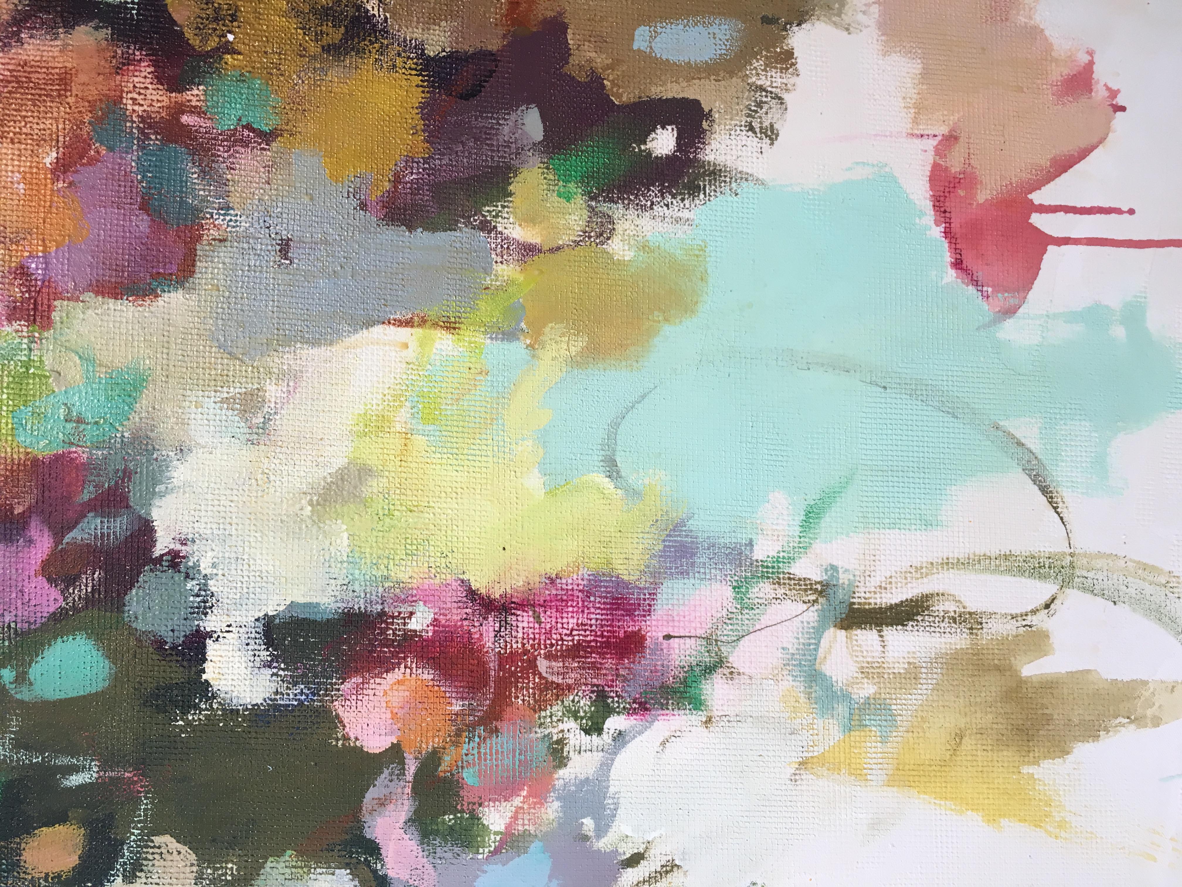 High Hopes - peinture texturée abstraite aux couleurs pastel bleu, rose et terre - Gris Abstract Painting par Lorraine Park