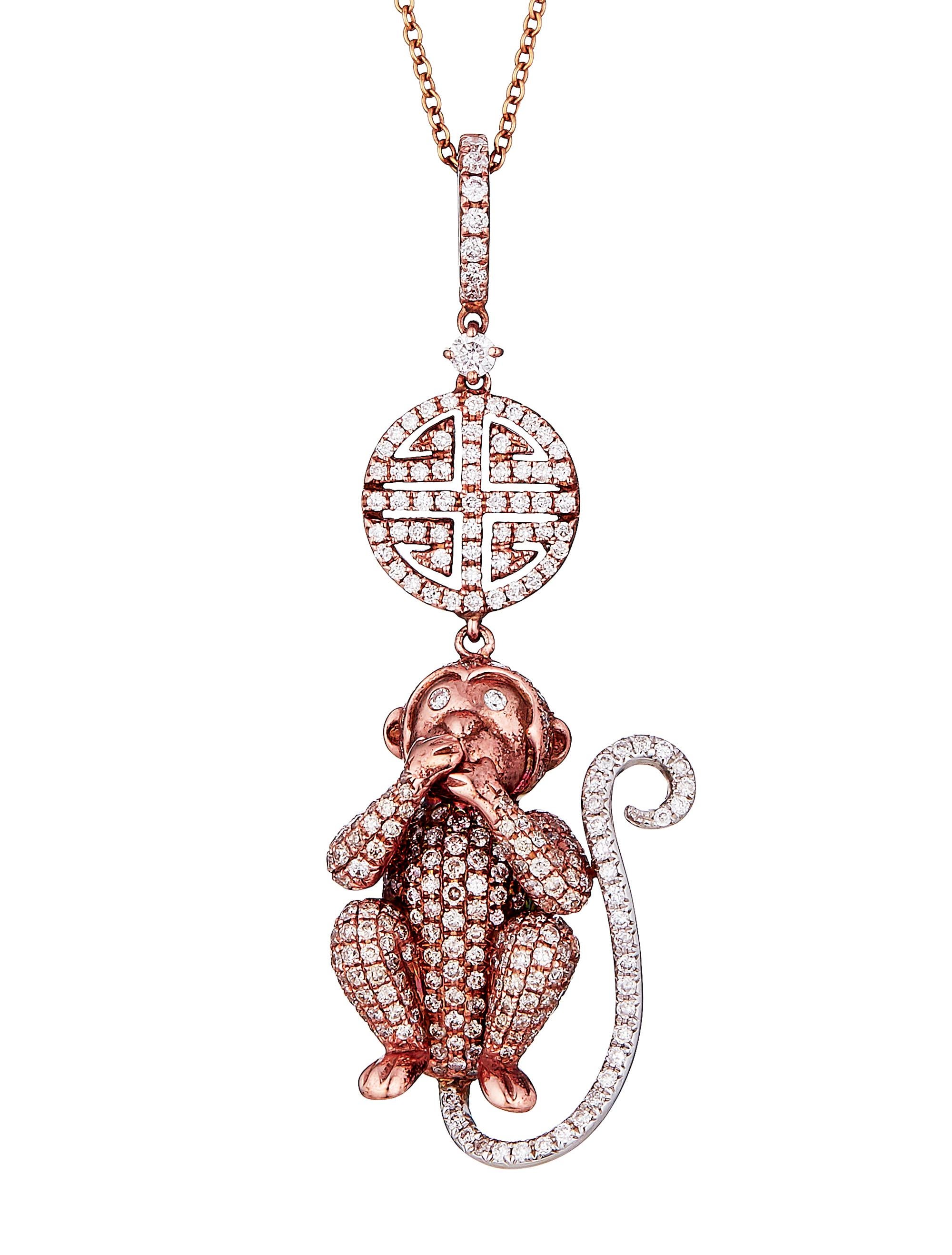 18K yellow gold Lorraine Schwartz white and yellow diamond Speak No Evil monkey pendant necklace with rolo chain and 14K yellow gold lobster clasp closure.

Metal Type: 14K Yellow Gold, 18K Yellow Gold
Hallmark: 750 
Signature: L.S.
Carat Weight: