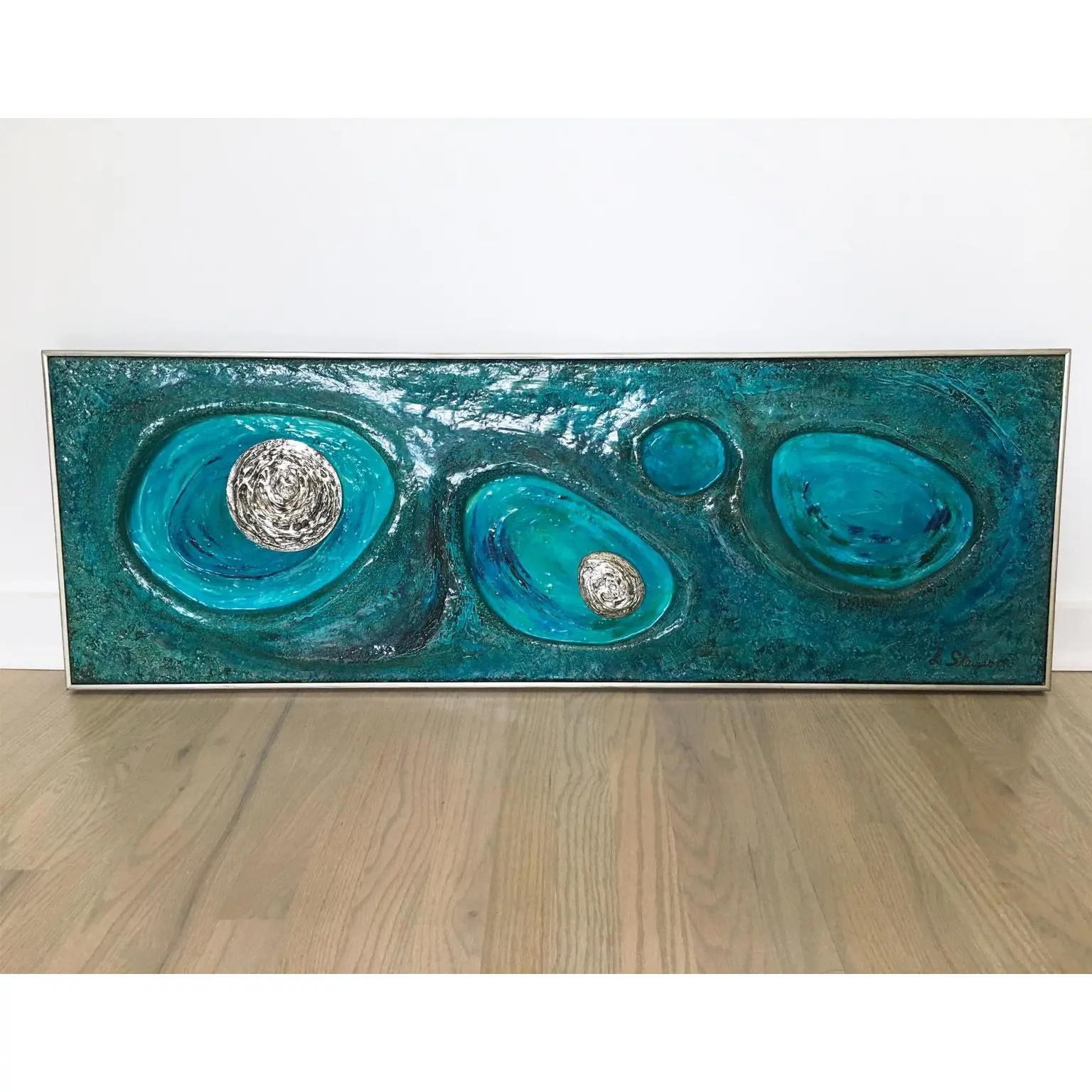 American Lorraine Stelzer Turquoise Acrylic Resin Psychedelic Art Wall Sculpture Panel For Sale