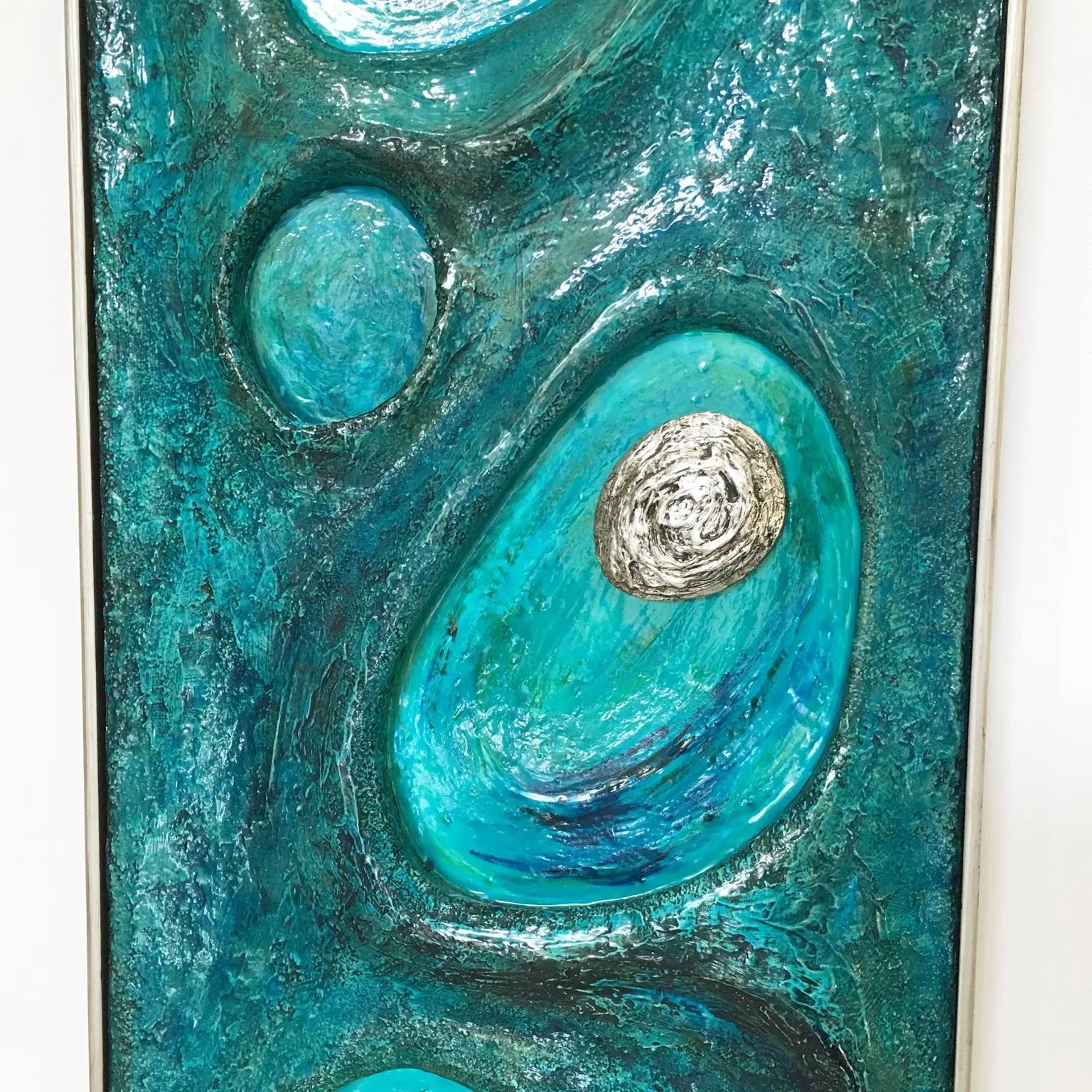 Mid-20th Century Lorraine Stelzer Turquoise Acrylic Resin Psychedelic Art Wall Sculpture Panel For Sale