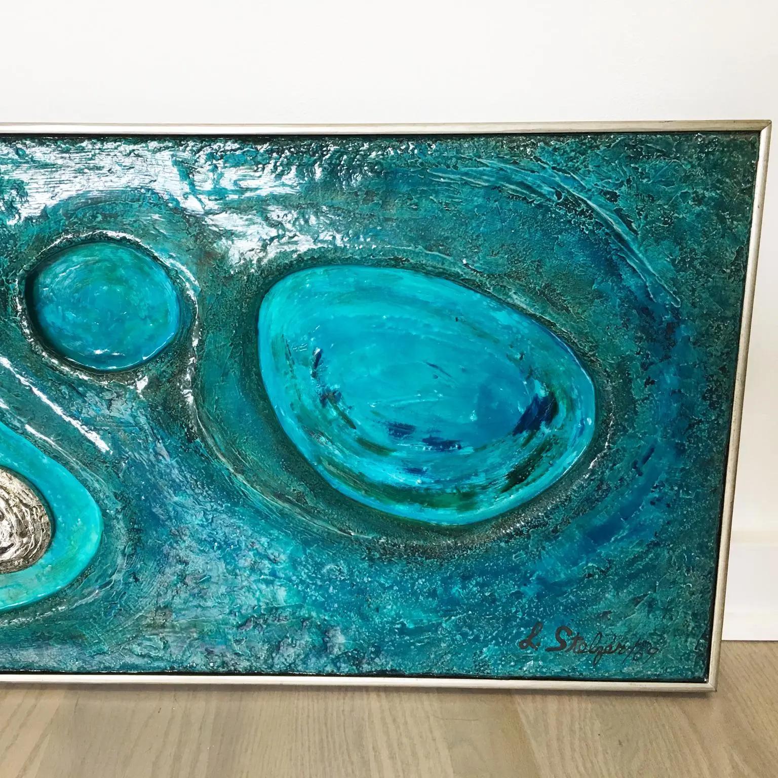Lorraine Stelzer Turquoise Acrylic Resin Psychedelic Art Wall Sculpture Panel For Sale 2