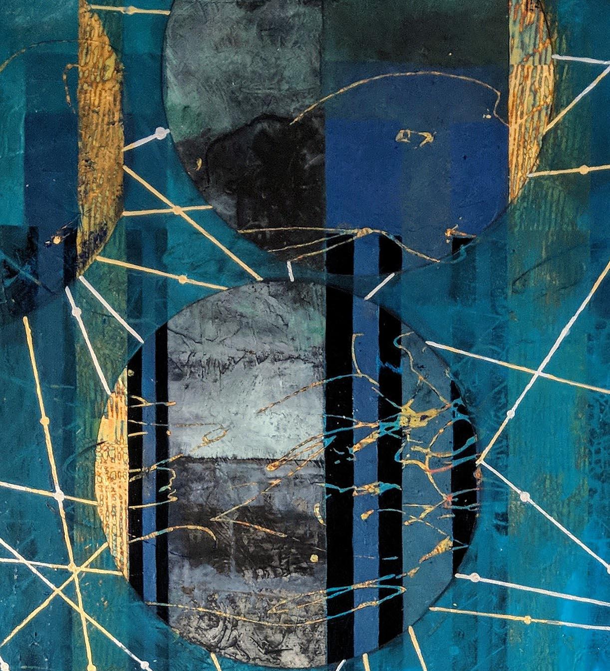 Beneath the Surface, blue and gold abstract landscape mixed media painting – Painting von Lorraine Thorne