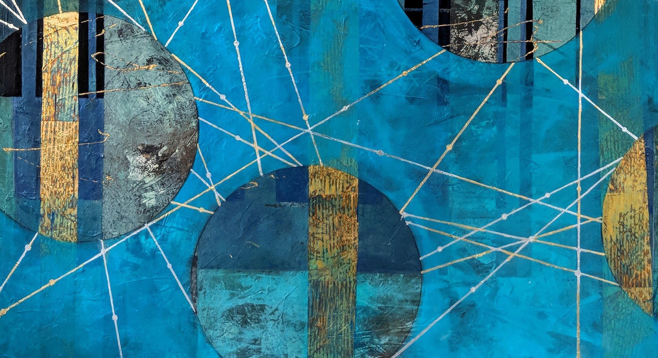 Beneath the Surface, blue and gold abstract landscape mixed media painting (Zeitgenössisch), Painting, von Lorraine Thorne