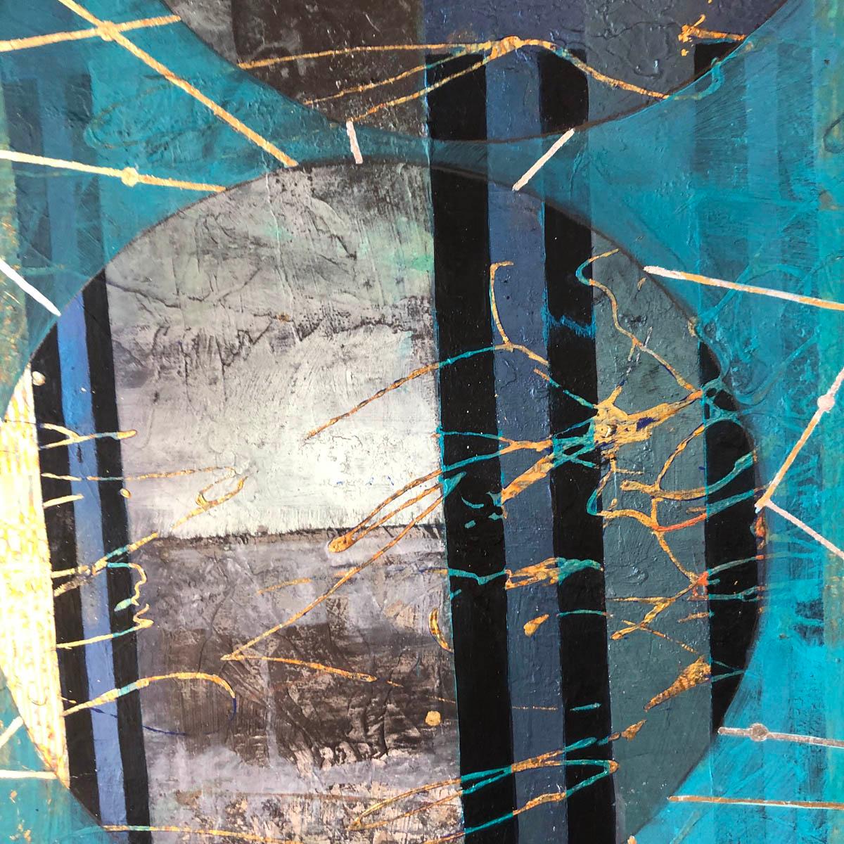 Beneath the Surface, blue and gold abstract landscape mixed media painting 2