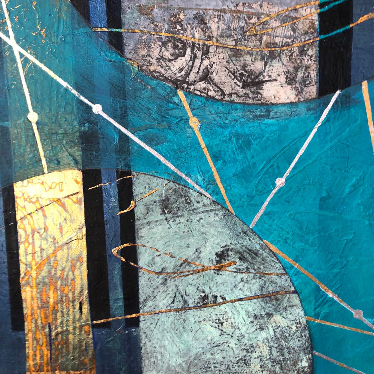 Beneath the Surface, blue and gold abstract landscape mixed media painting 3