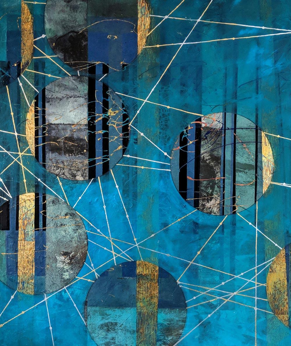 Lorraine Thorne Abstract Painting - Beneath the Surface, blue and gold abstract landscape mixed media painting
