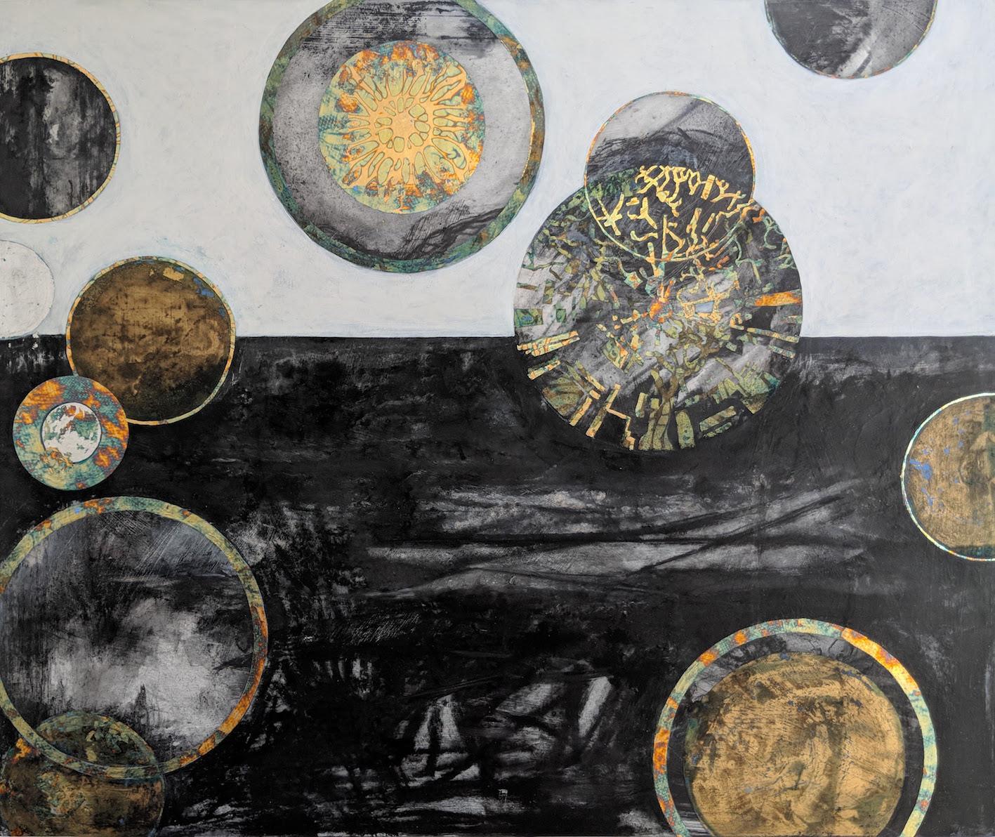 Floating Worlds, a mixed media painting - Mixed Media Art by Lorraine Thorne