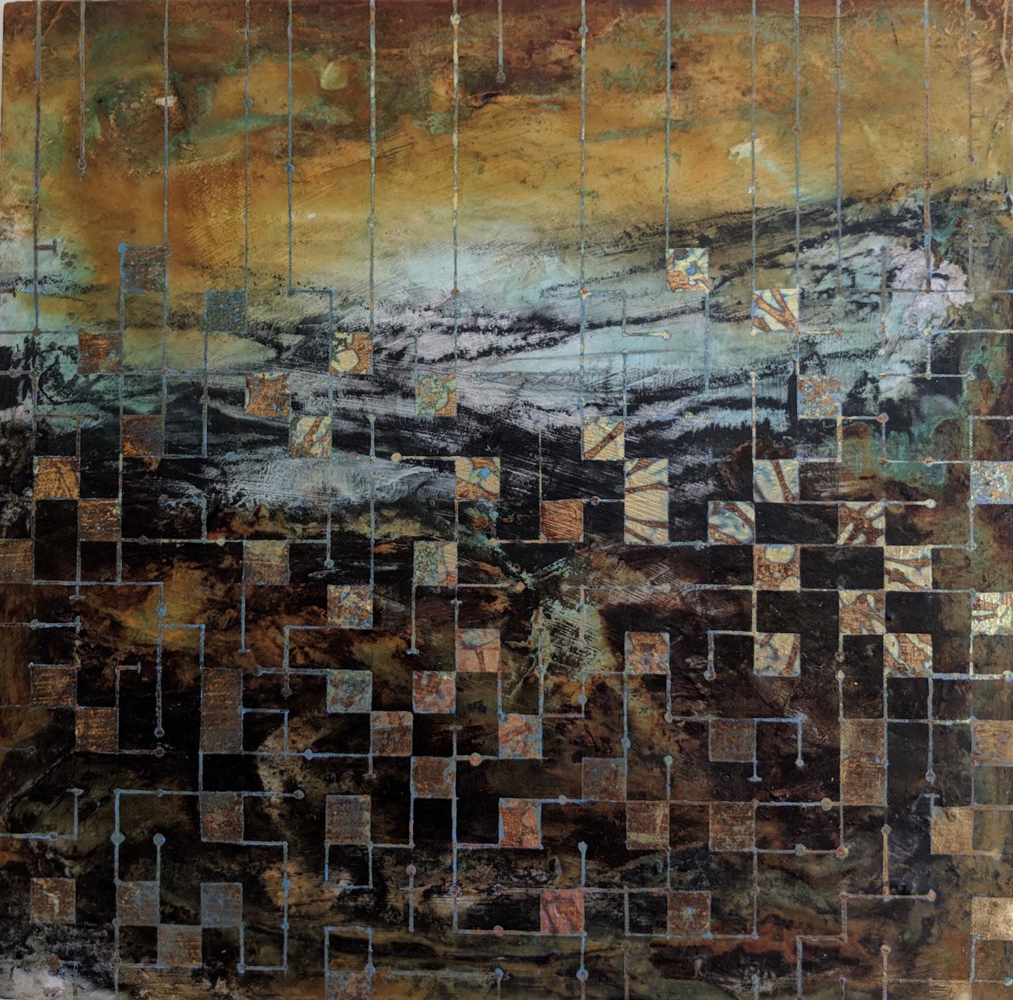 Lorraine Thorne Landscape Painting – Grids of communication, a mixed media painting, abstract art, landscape painting