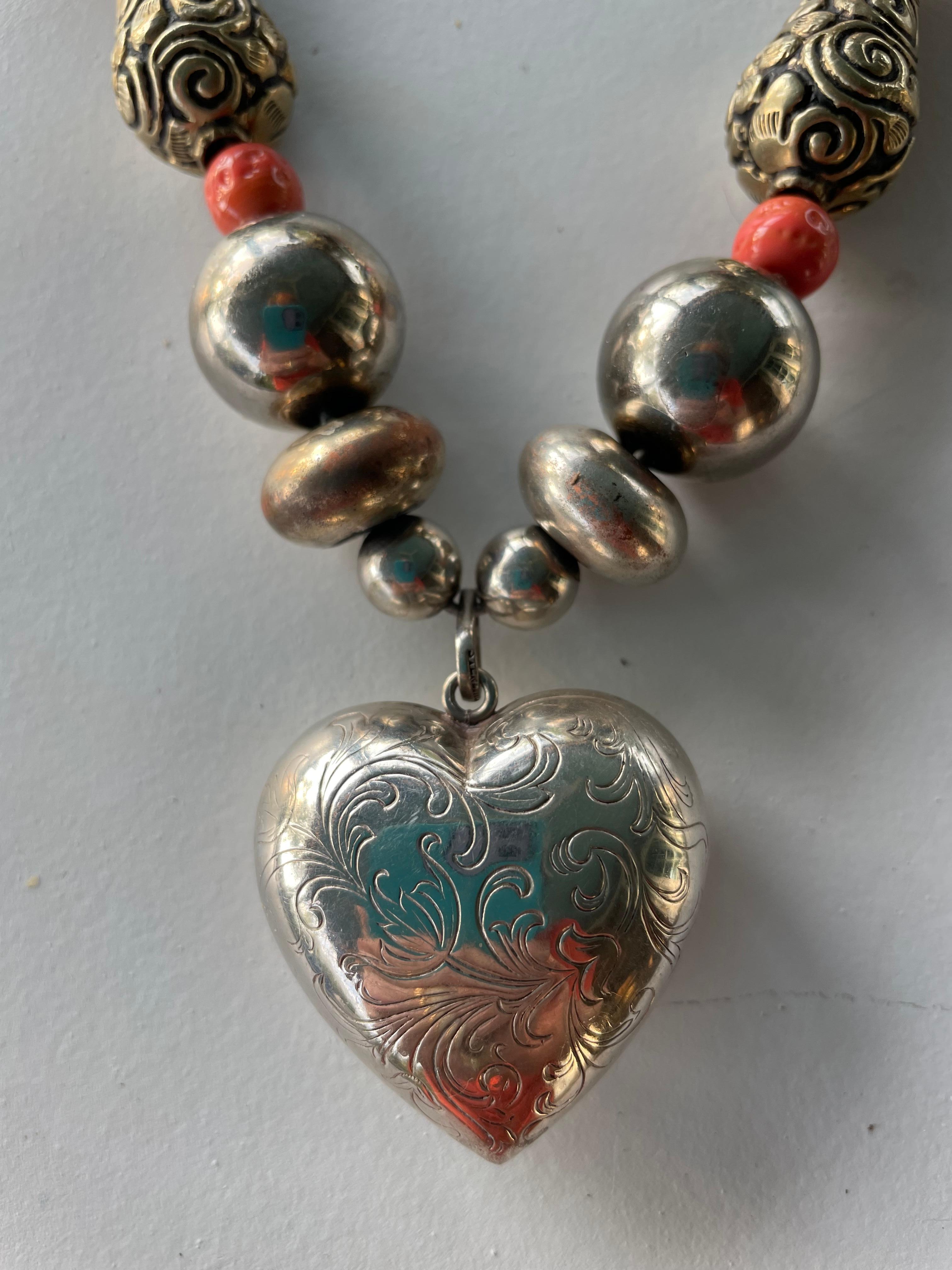 Women's or Men's Lorraine’s Bijoux, one of a kind, handmade, Sterling heart and Mexican beads For Sale