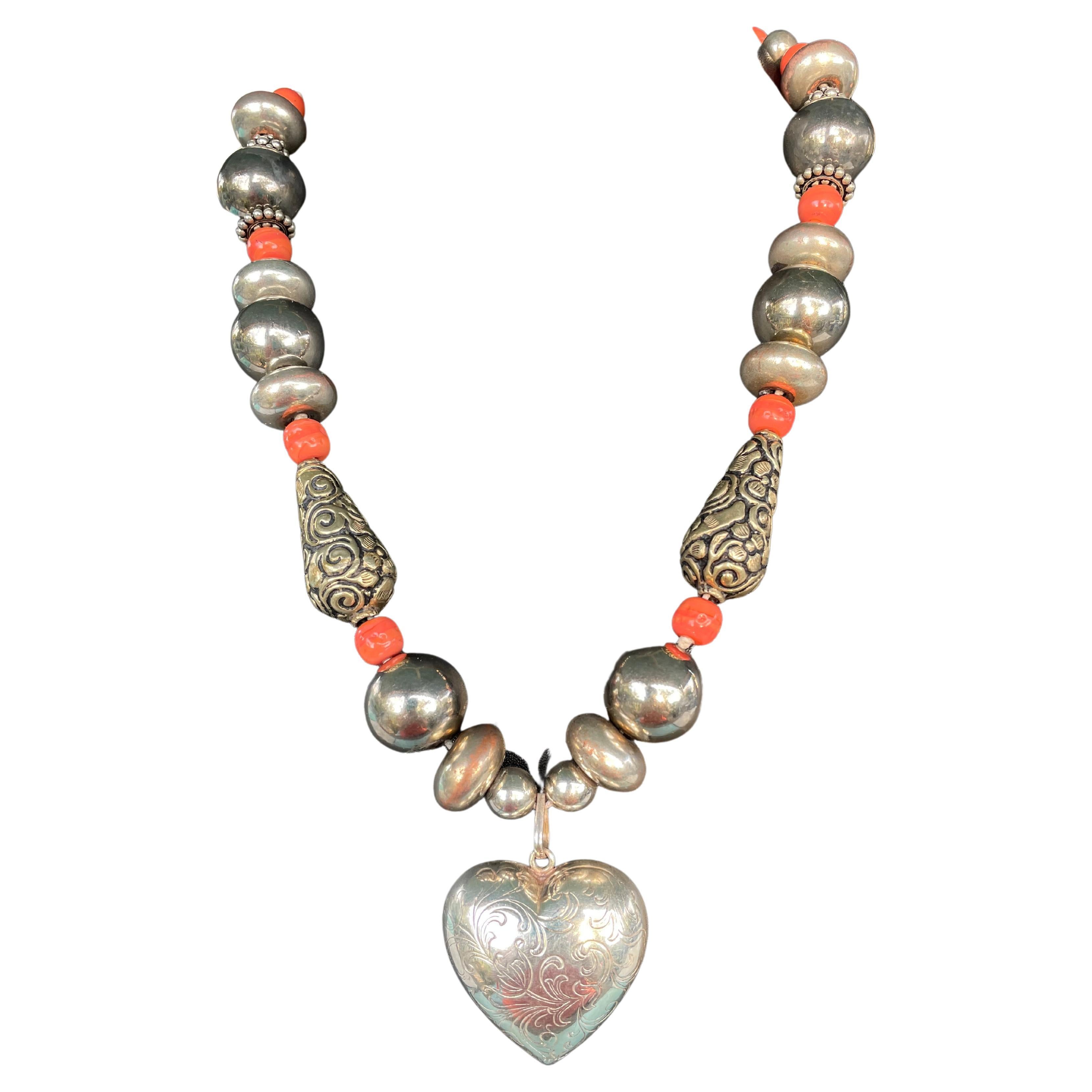 Lorraine’s Bijoux, one of a kind, handmade, Sterling heart and Mexican beads For Sale