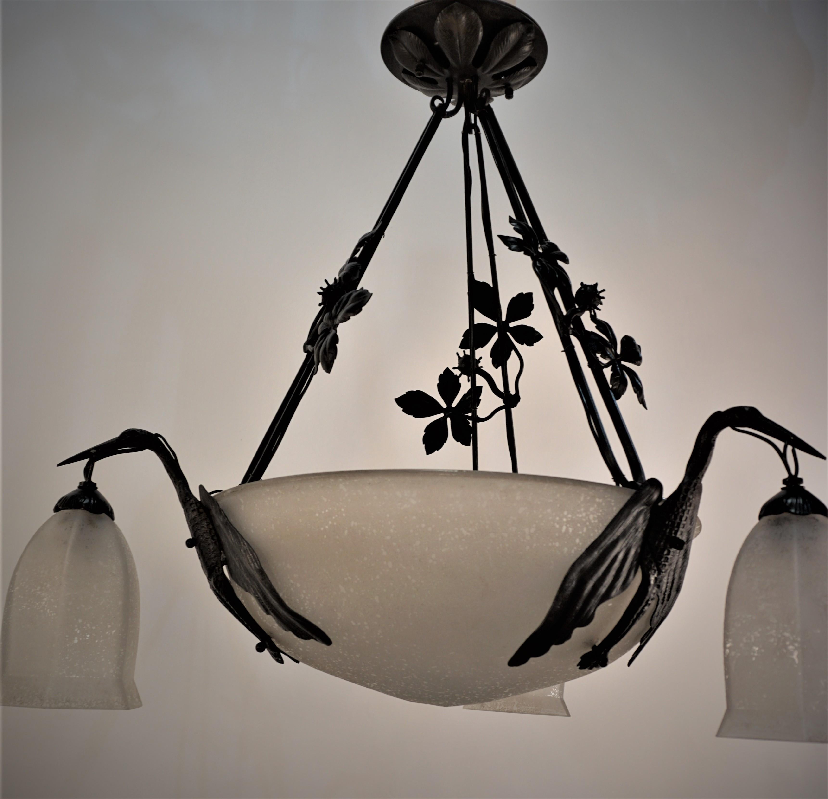 Lorrian/Daum Art Glass and Wrought Bird Chandelier 7