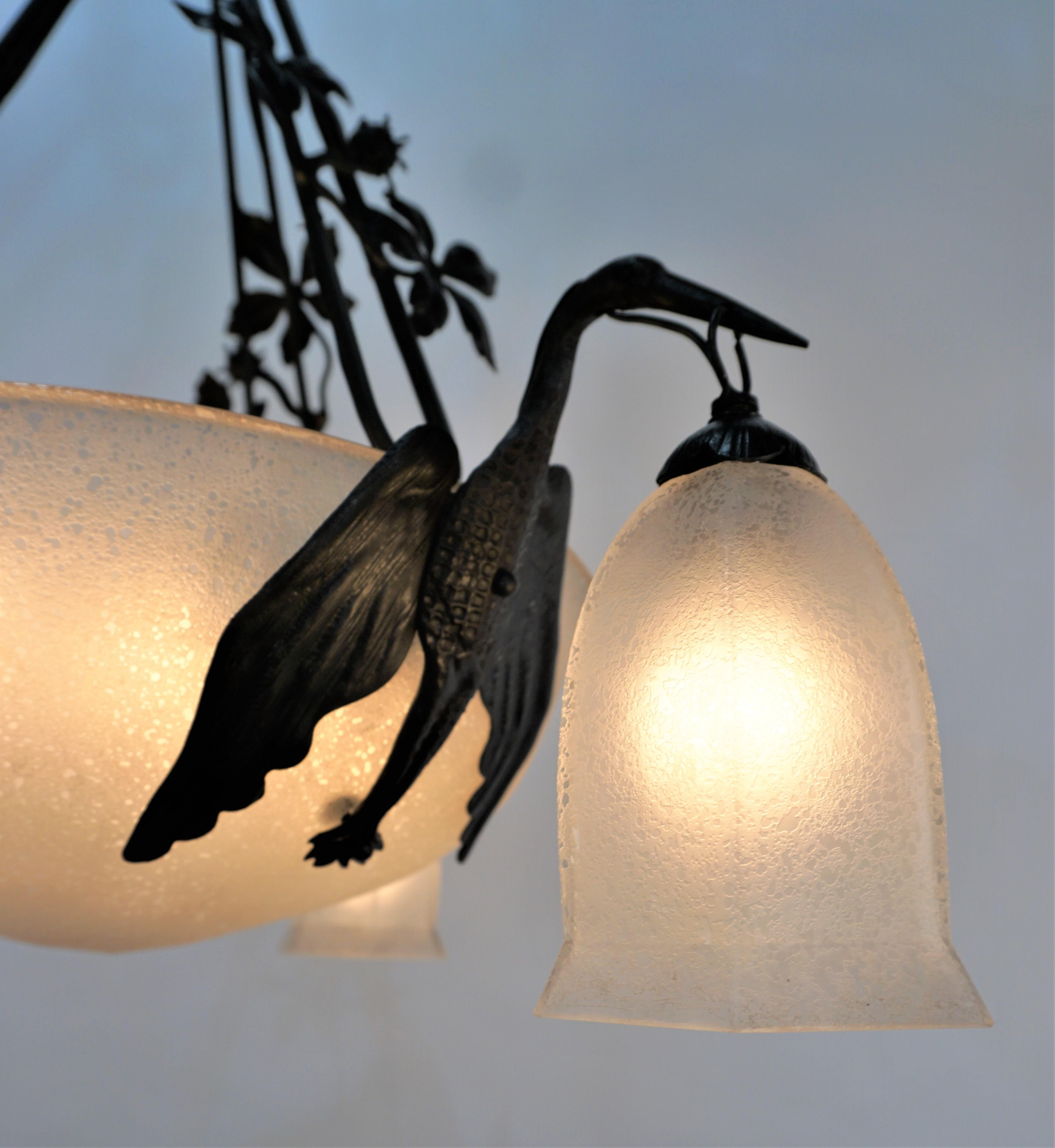 Art Deco Lorrian/Daum Art Glass and Wrought Bird Chandelier