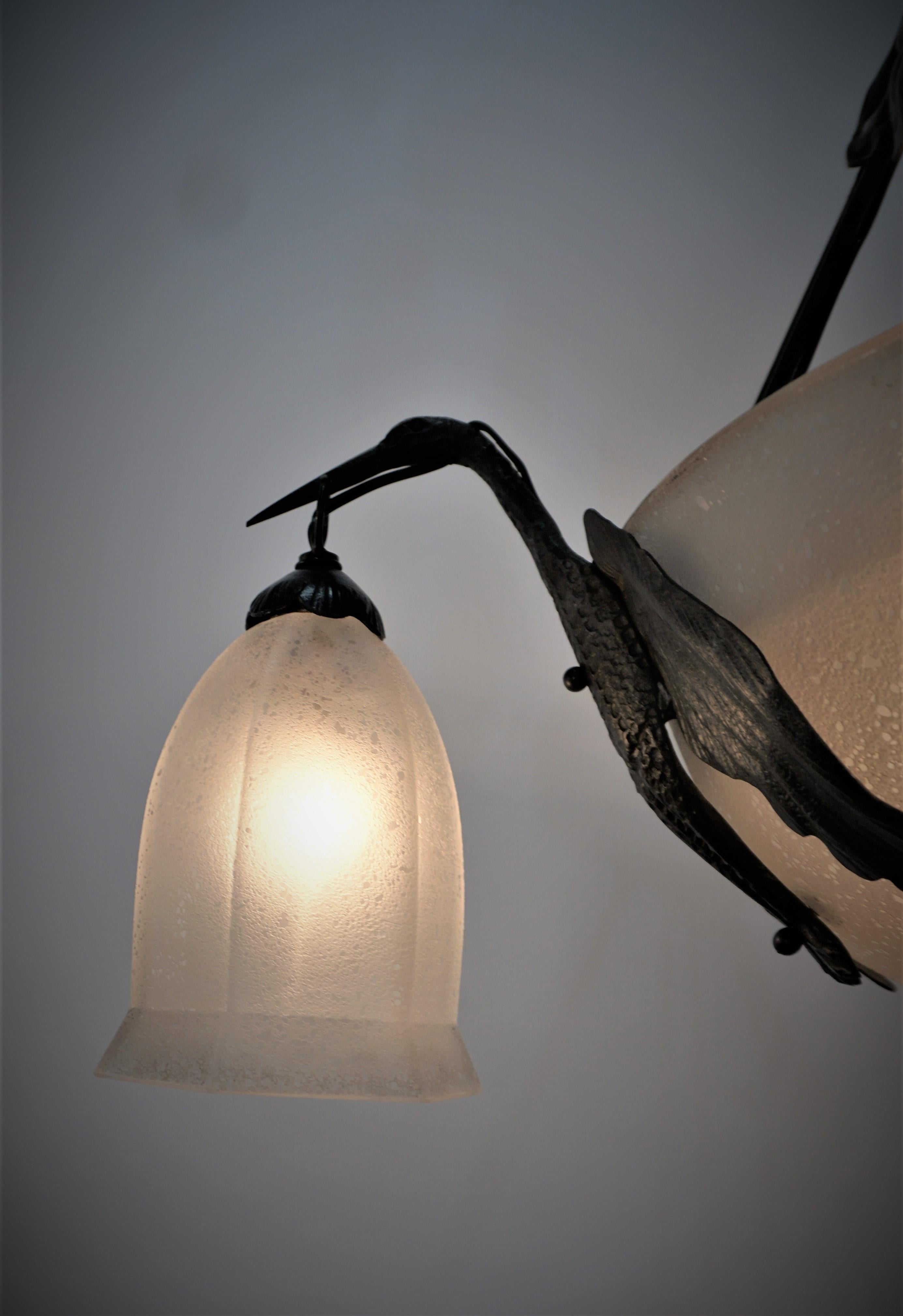 Lorrian/Daum Art Glass and Wrought Bird Chandelier 2