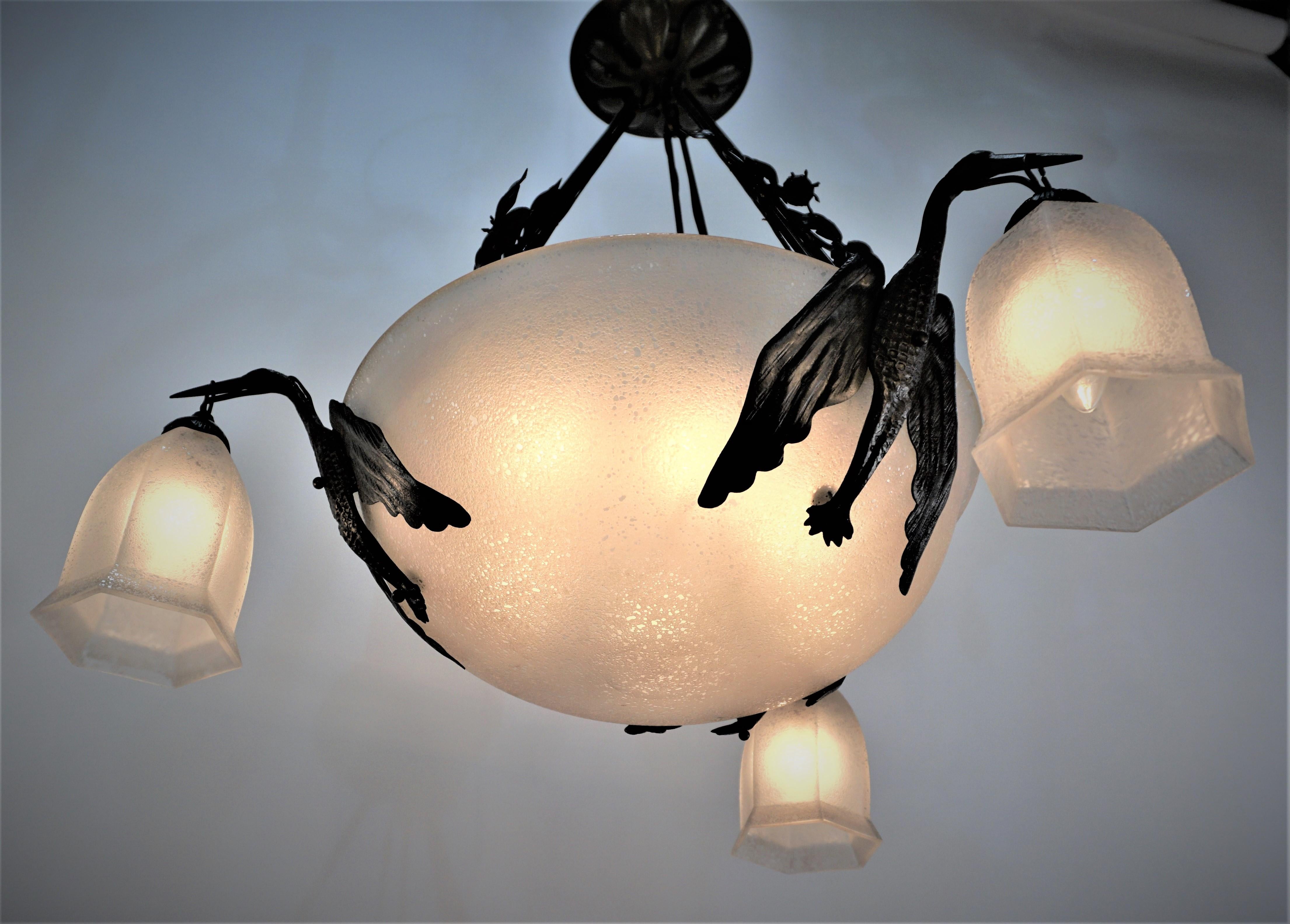 Lorrian/Daum Art Glass and Wrought Bird Chandelier 3